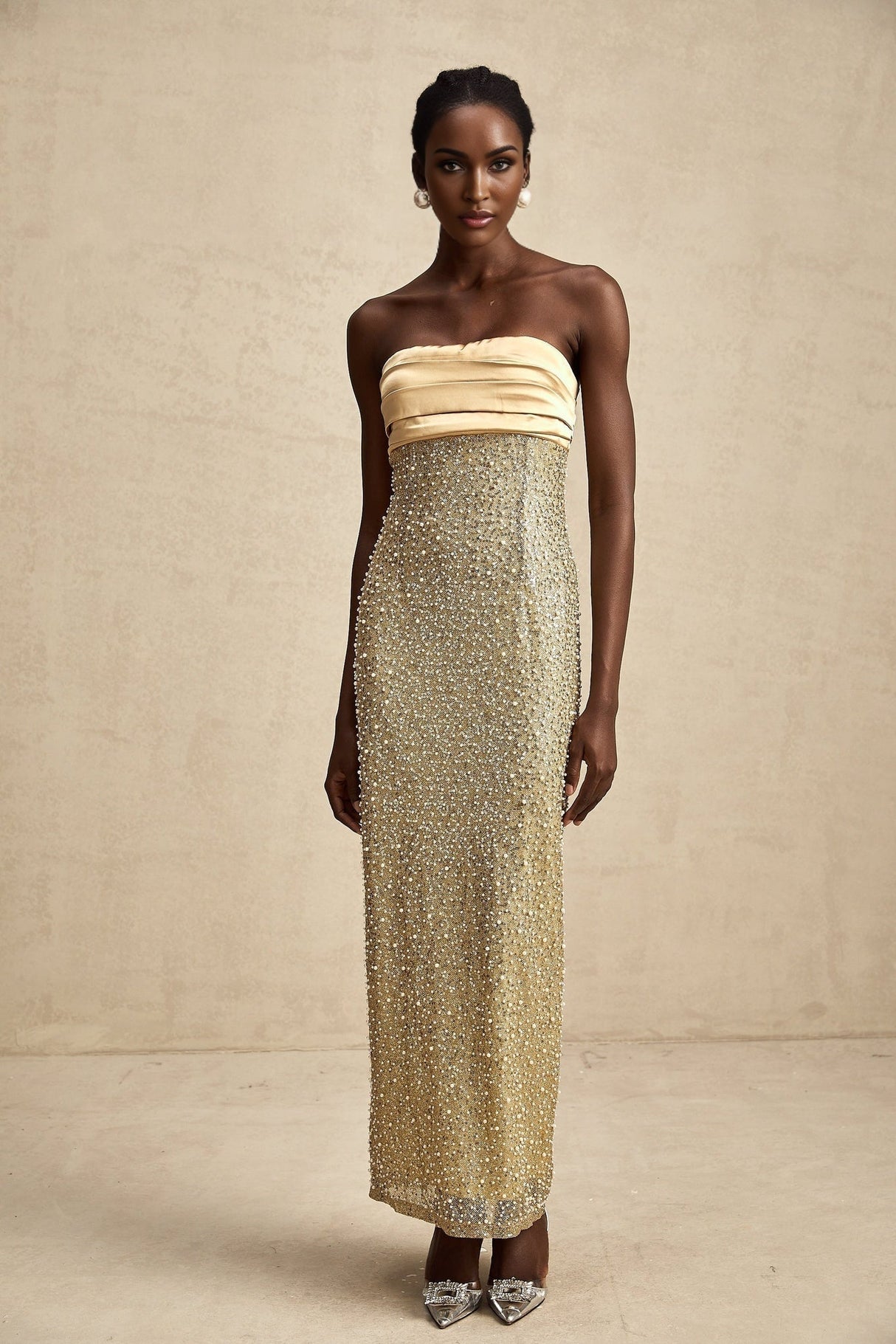 Marguerite Gold Strapless Maxi Dress With Faux Pearls and Sequin Detailing