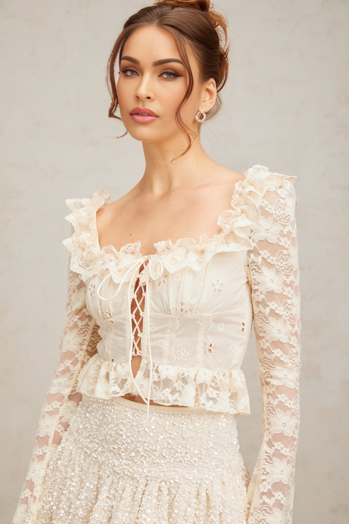 Maria Blouse Offwhite Floral Lace Ruffled Peplum & Self Tie