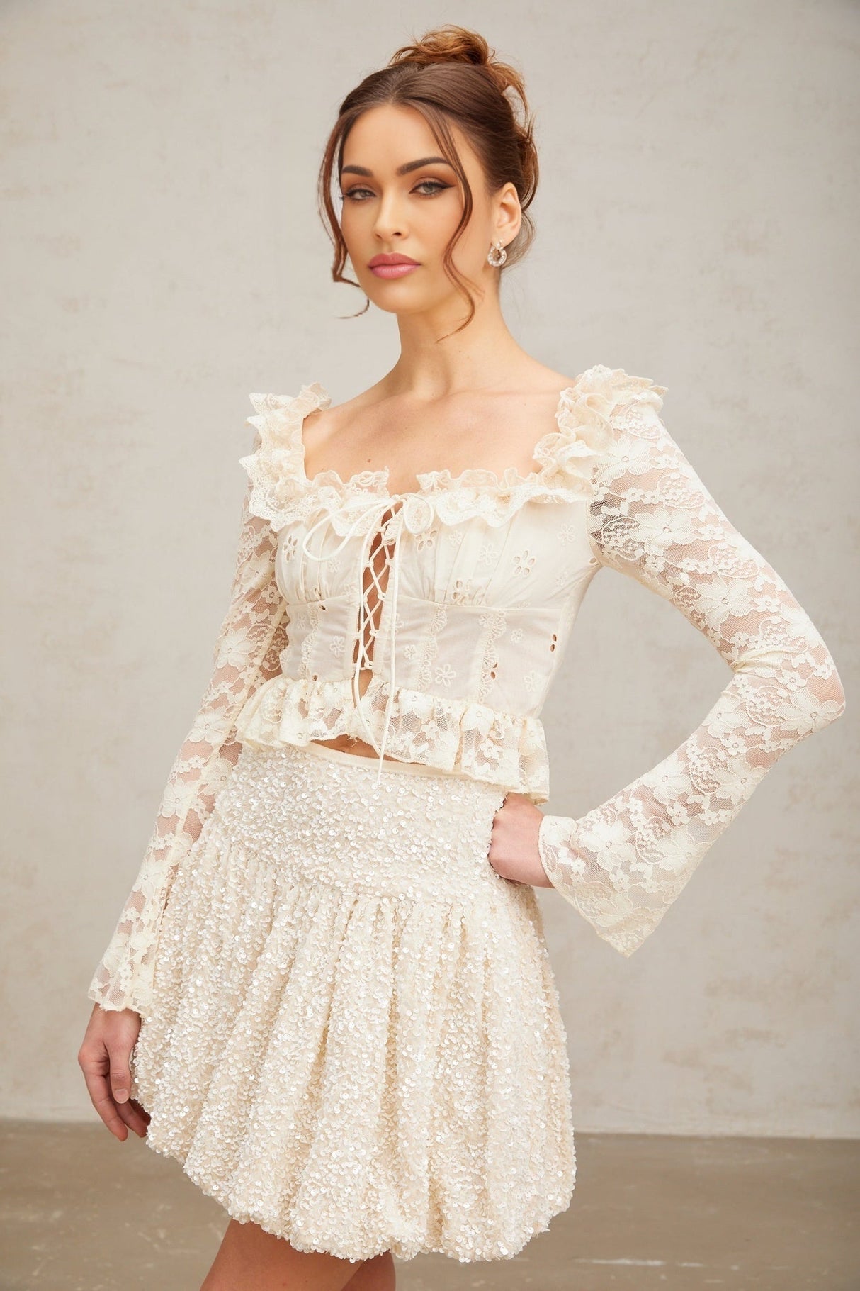 Maria Blouse Offwhite Floral Lace Ruffled Peplum & Self Tie
