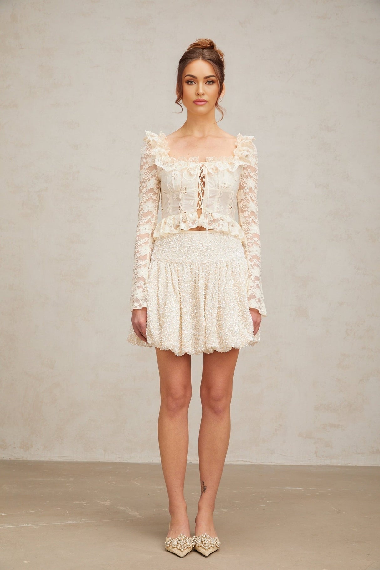 Maria Blouse Offwhite Floral Lace Ruffled Peplum & Self Tie