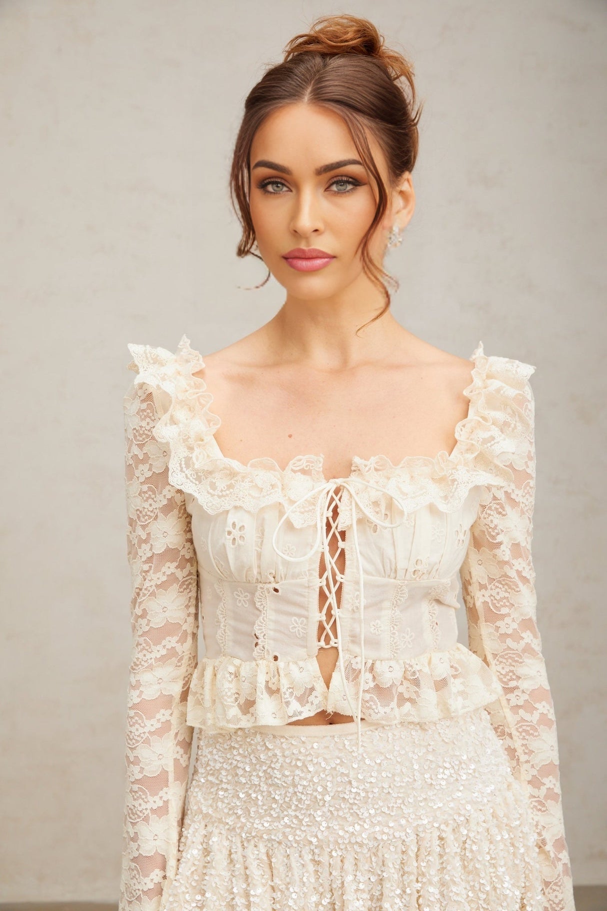 Maria Blouse Offwhite Floral Lace Ruffled Peplum & Self Tie