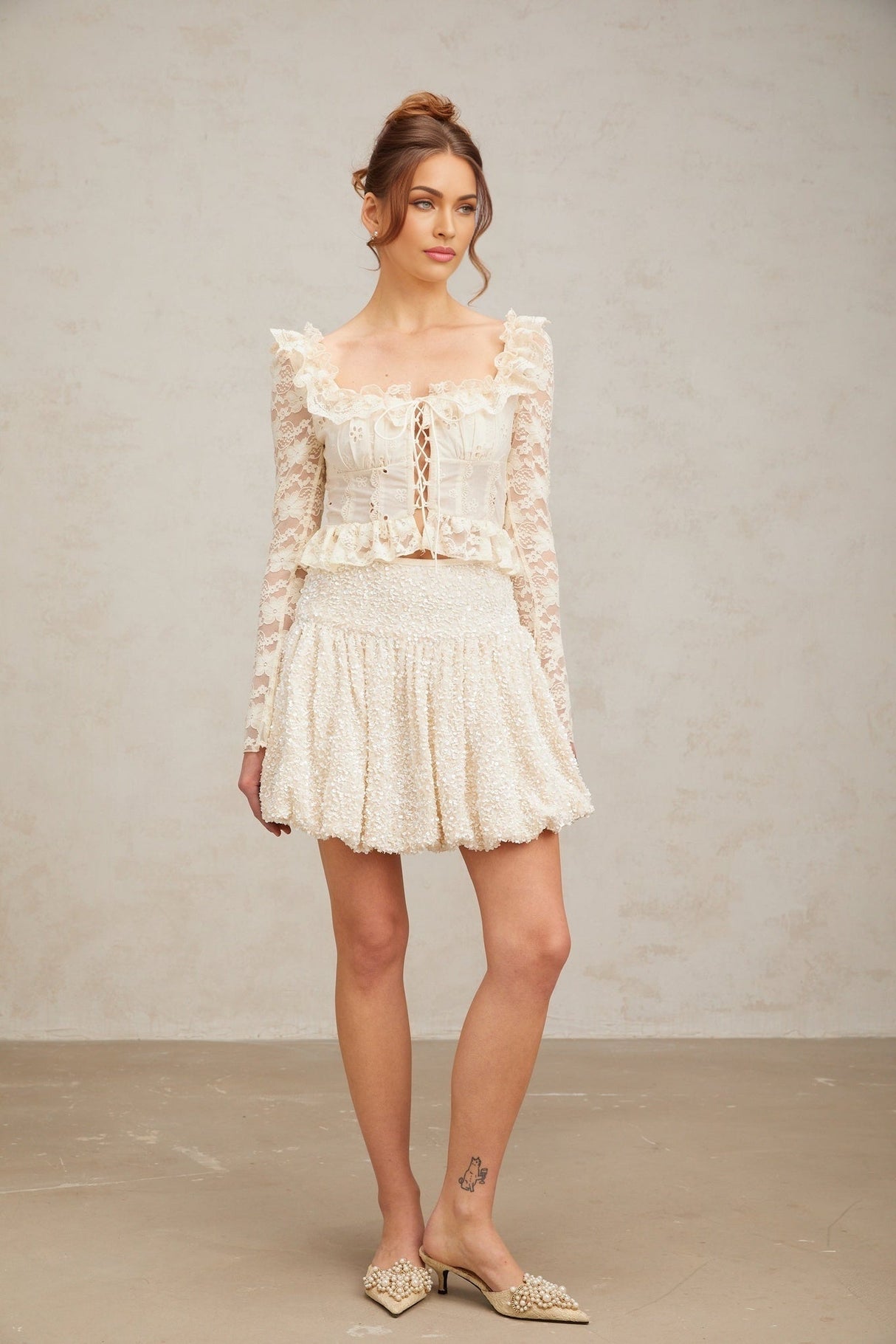 Maria Blouse Offwhite Floral Lace Ruffled Peplum & Self Tie