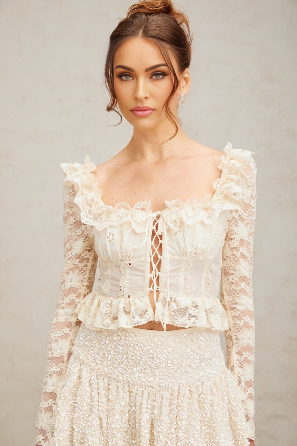 Maria Blouse Offwhite Floral Lace Ruffled Peplum & Self Tie