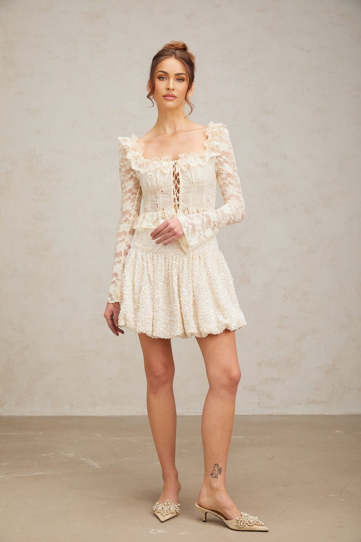 Maria Blouse Offwhite Floral Lace Ruffled Peplum & Self Tie