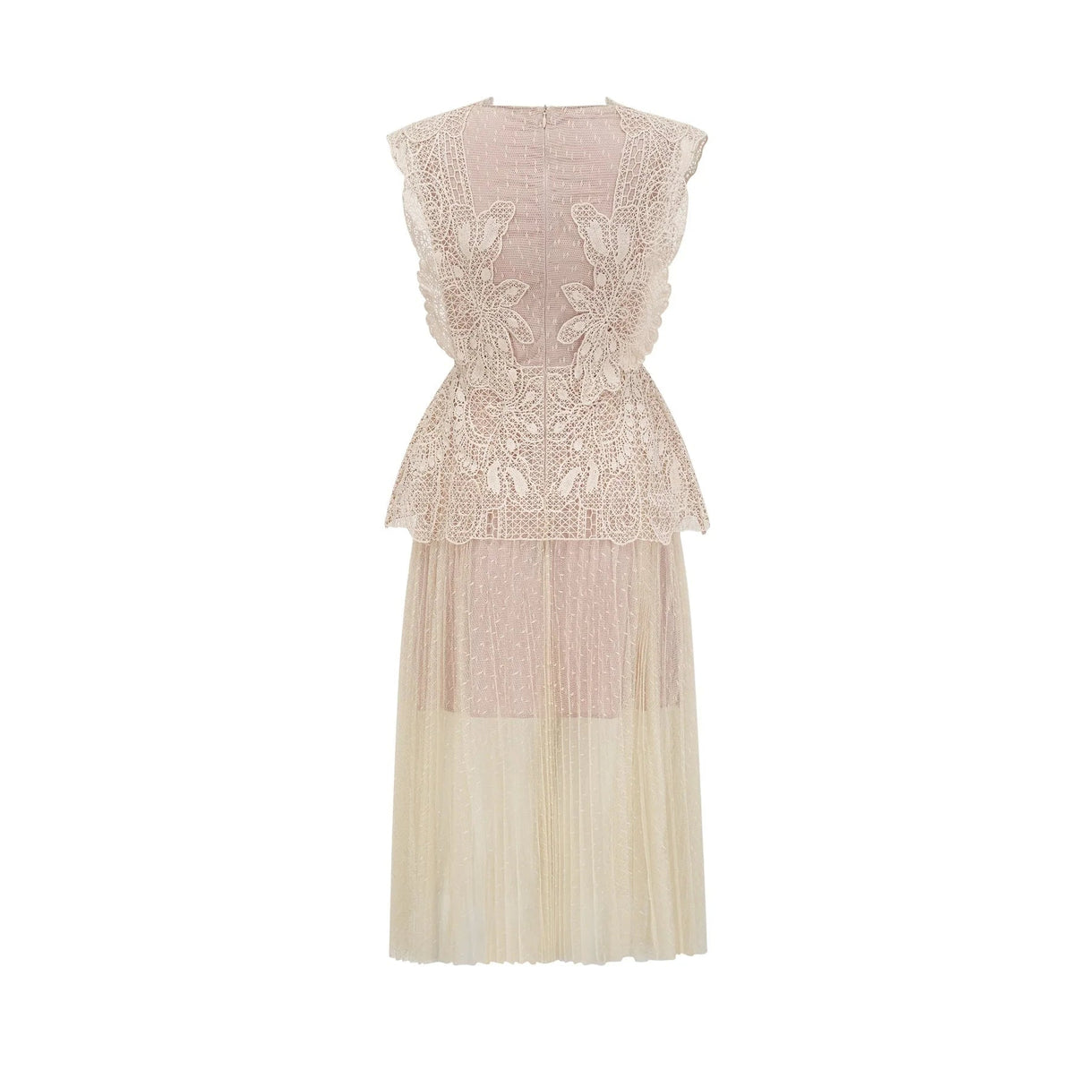 Maria Midi Dress Floral - Lace Paneling Peplum Waist Tulle Neutrals
