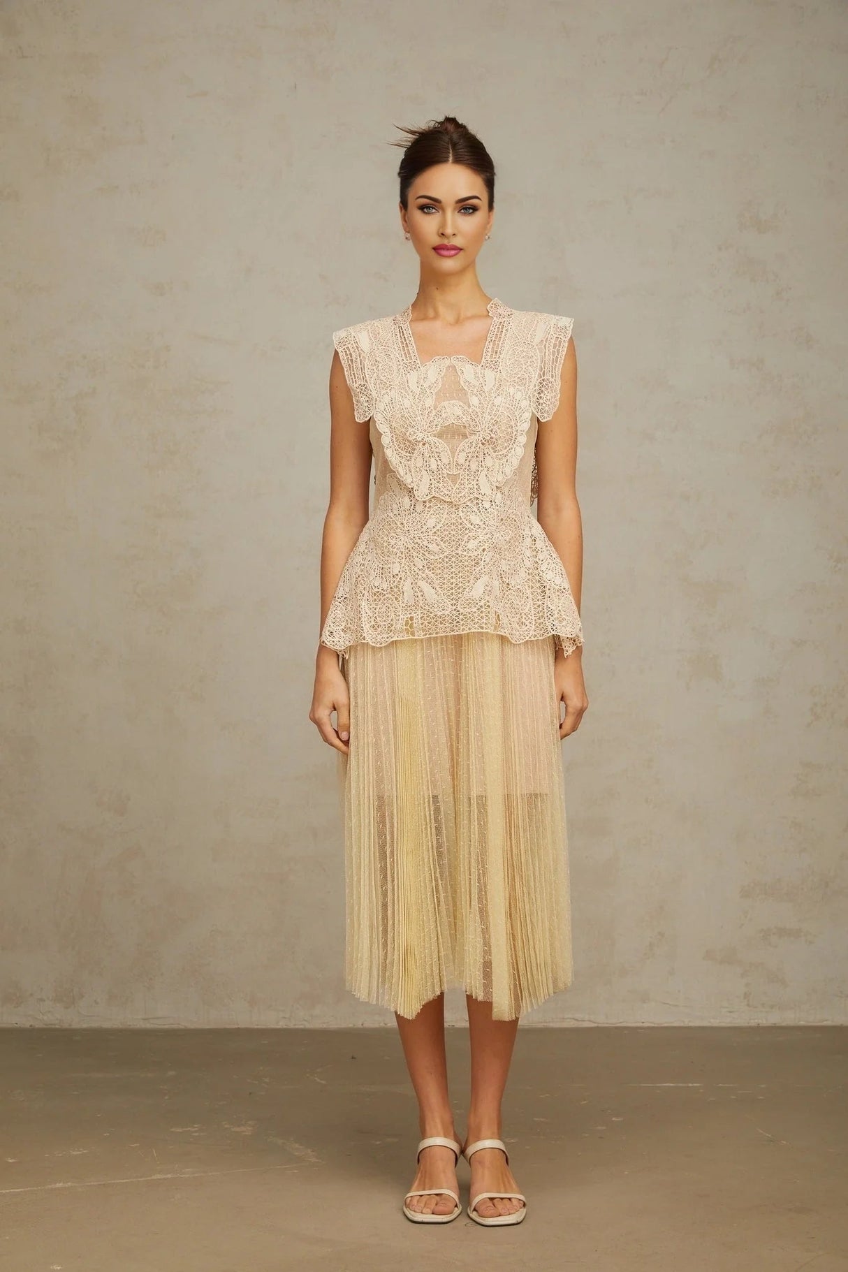 Maria Midi Dress Floral - Lace Paneling Peplum Waist Tulle Neutrals