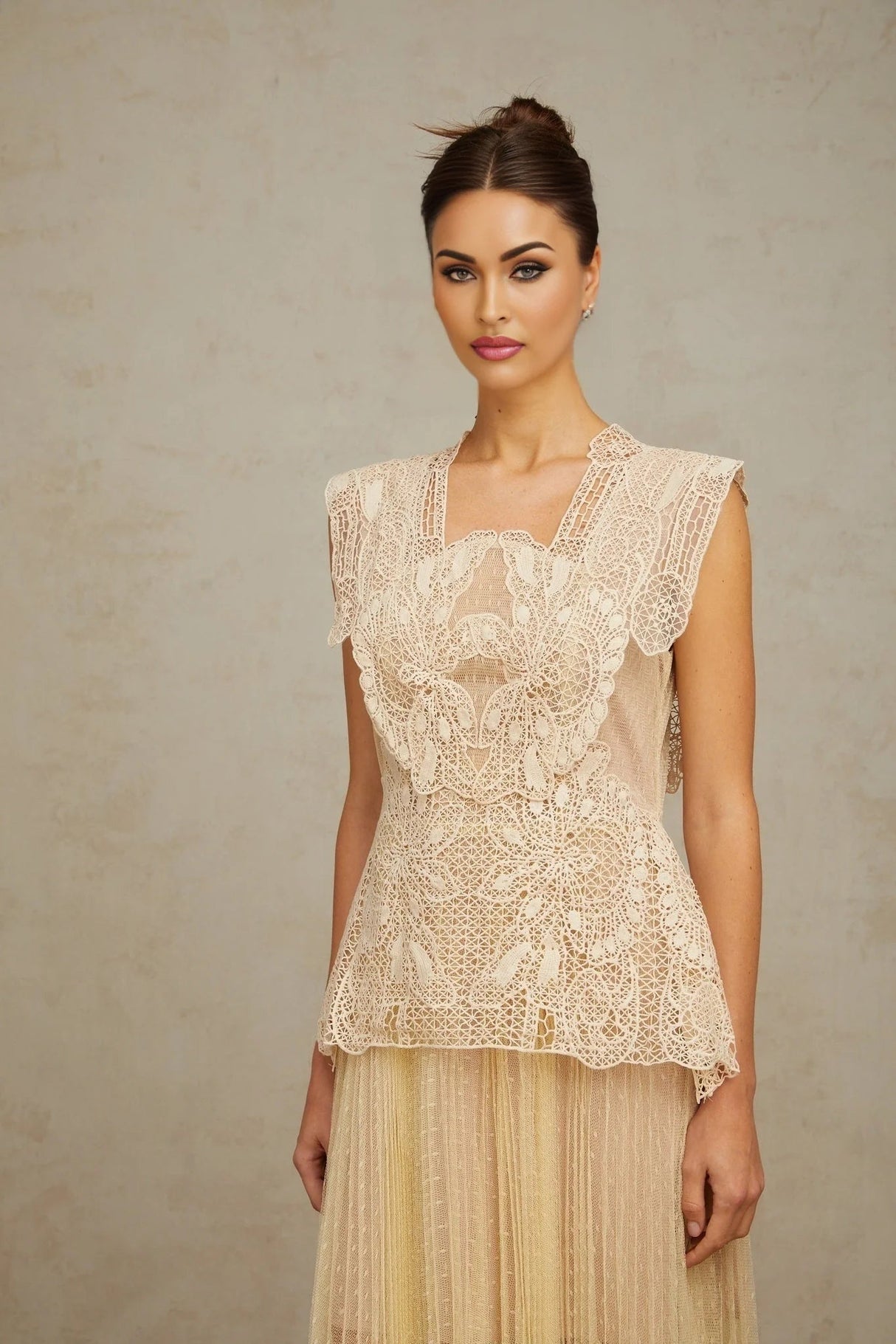 Maria Midi Dress Floral - Lace Paneling Peplum Waist Tulle Neutrals