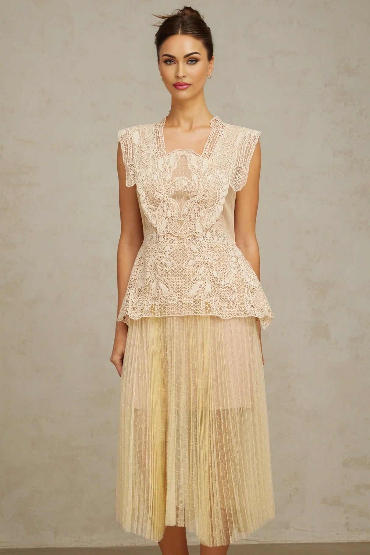 Maria Midi Dress Floral - Lace Paneling Peplum Waist Tulle Neutrals