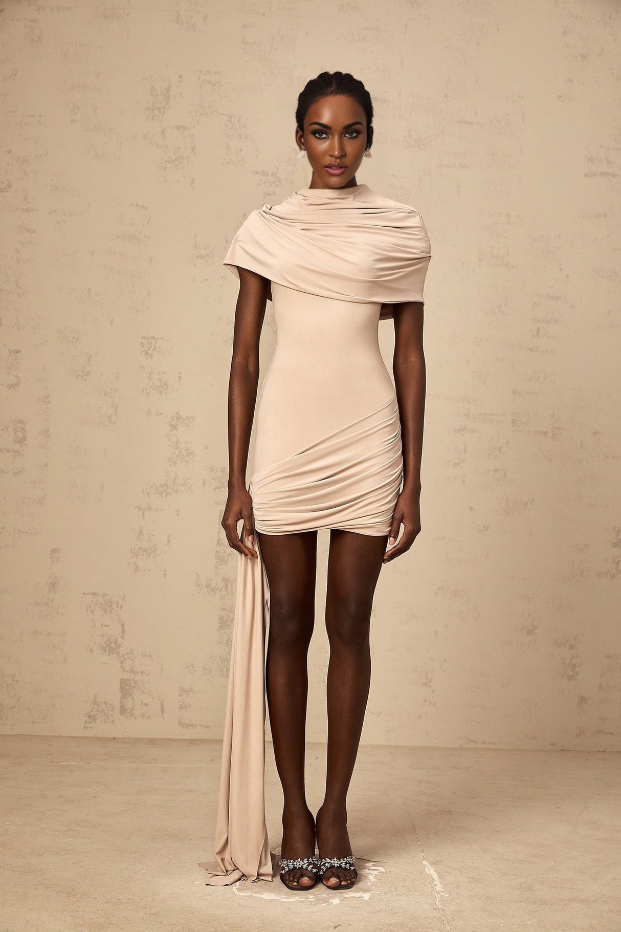 Mariachiara Mini Dress with Mock Neck and Ribbon Design