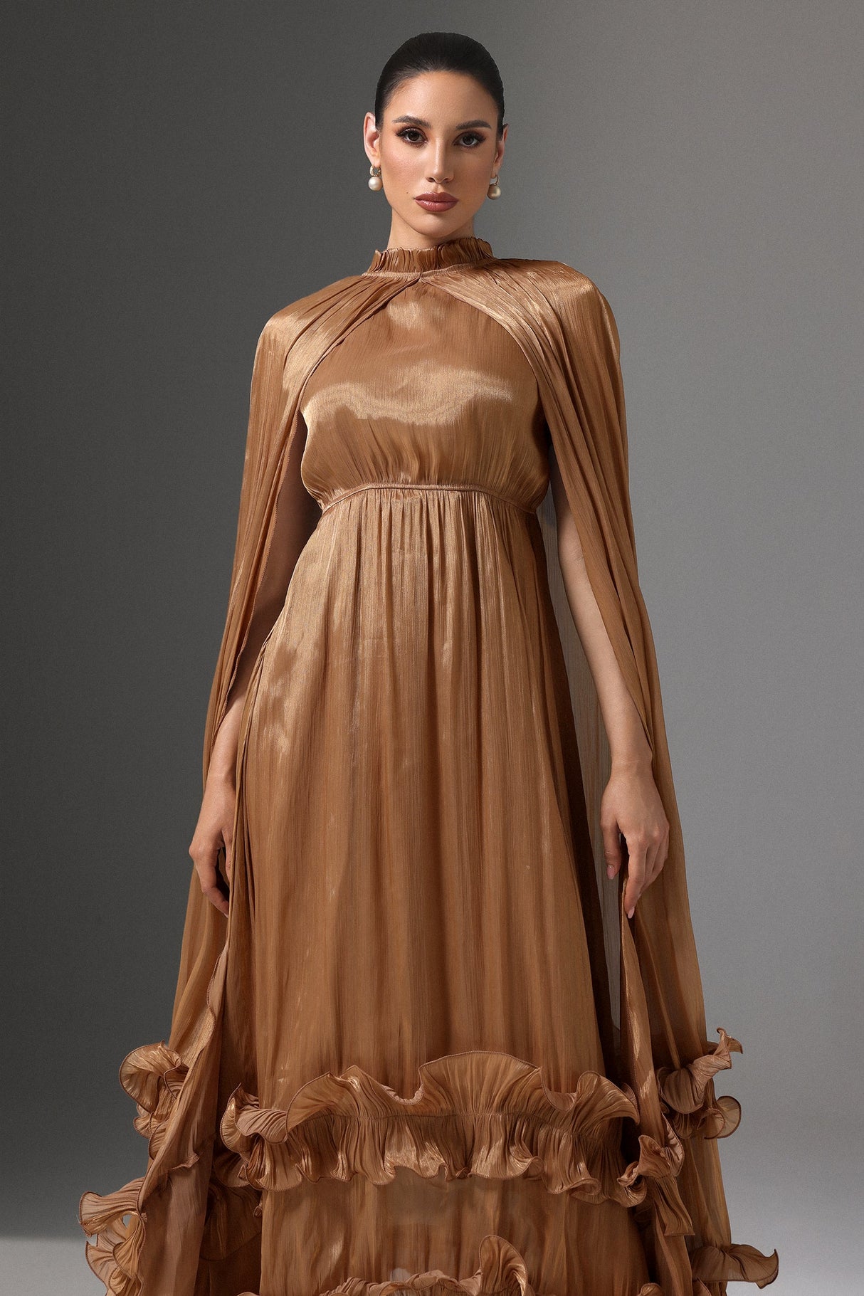 Mariah Brown High Neck Cape Detail Pleated Ruffled Hem Evening Dress