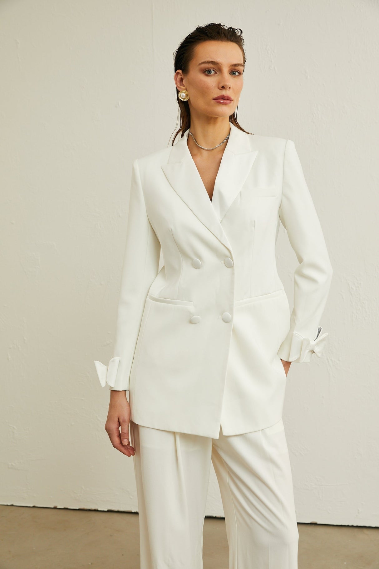 Mariah Jacket Mariah Wool Bow Embellished White & Crystal Coat