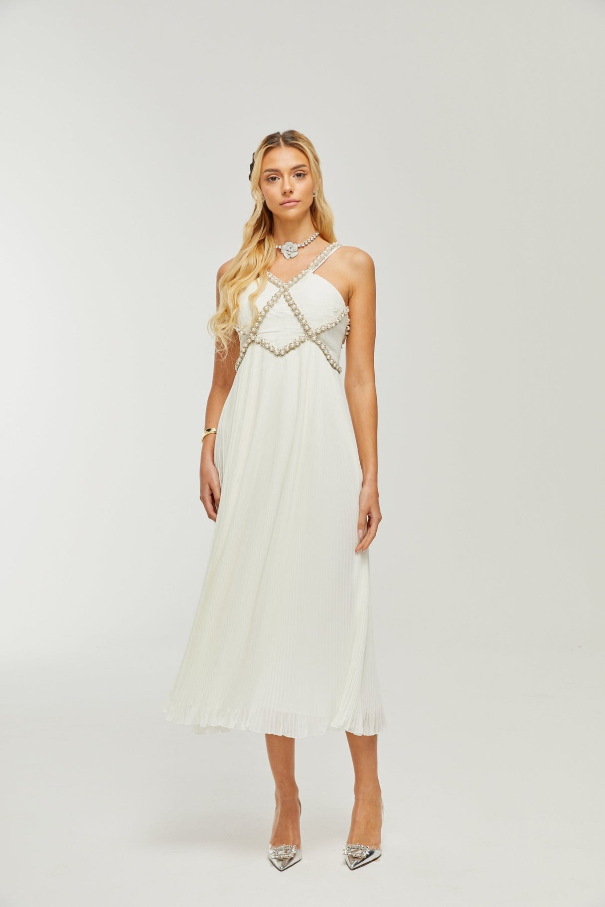 Mariah Midi Dress White Fauxpearl Crystal Embellished VNeck