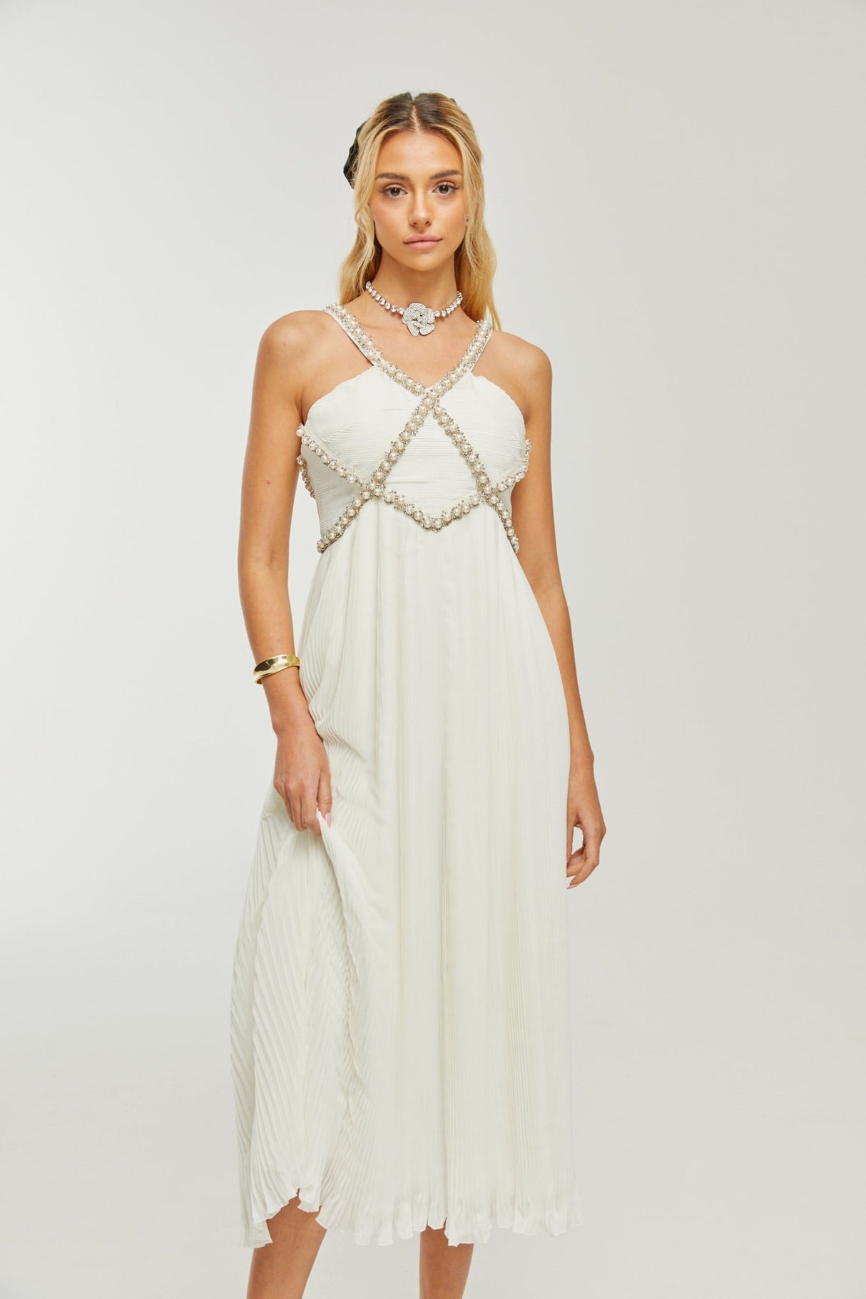Mariah Midi Dress White Fauxpearl Crystal Embellished VNeck