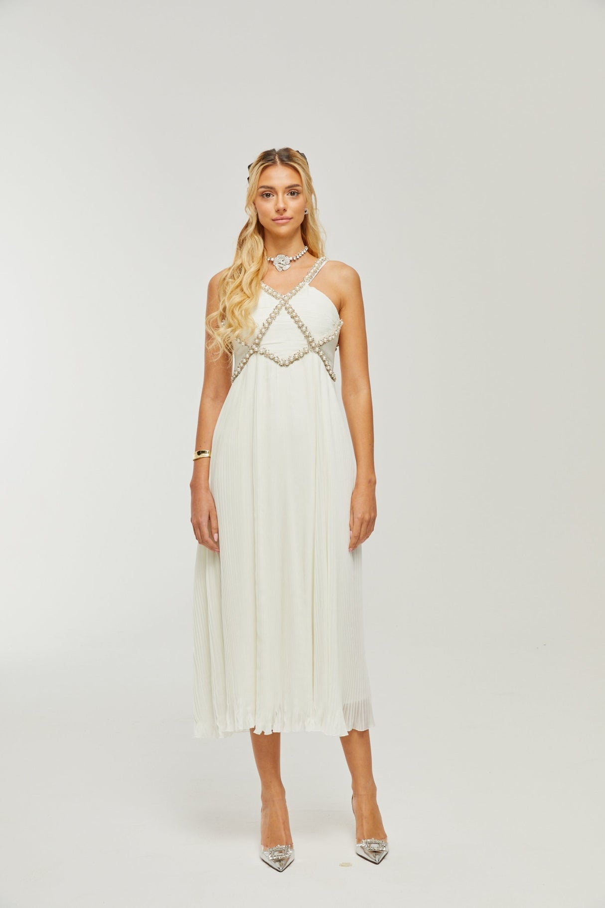 Mariah Midi Dress White Fauxpearl Crystal Embellished VNeck