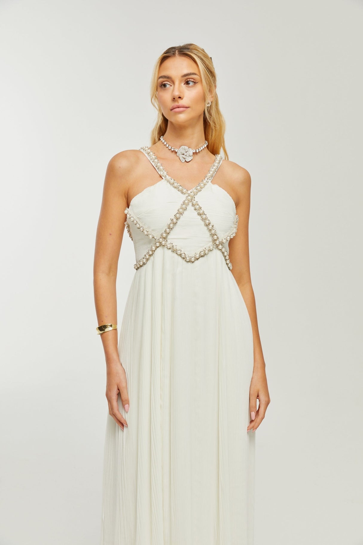 Mariah Midi Dress White Fauxpearl Crystal Embellished VNeck