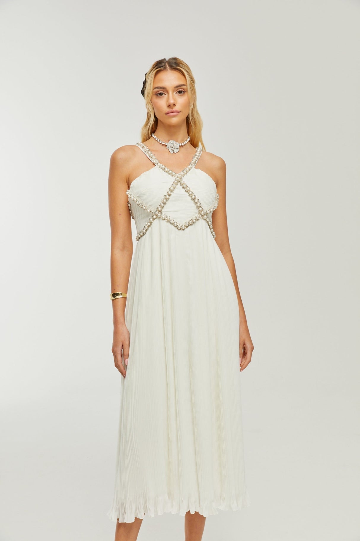 Mariah Midi Dress White Fauxpearl Crystal Embellished VNeck