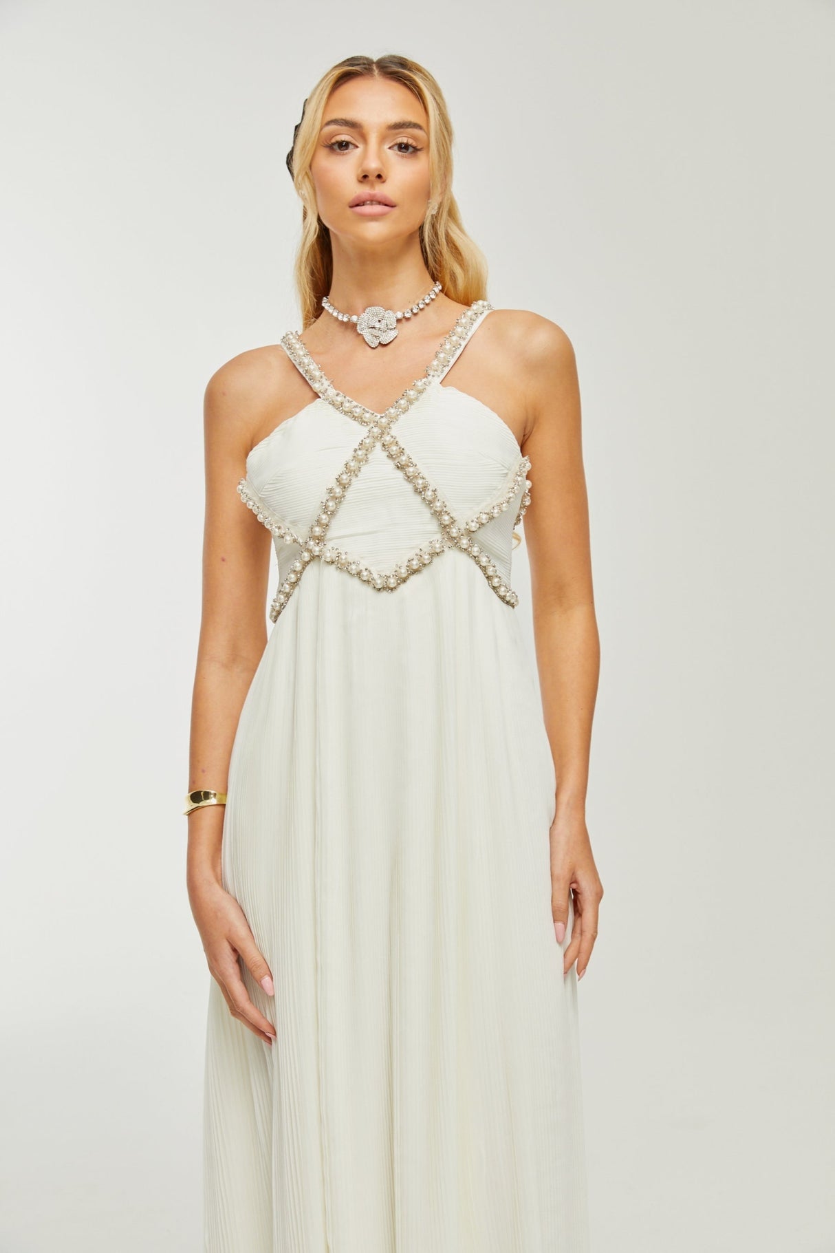 Mariah Midi Dress White Fauxpearl Crystal Embellished VNeck
