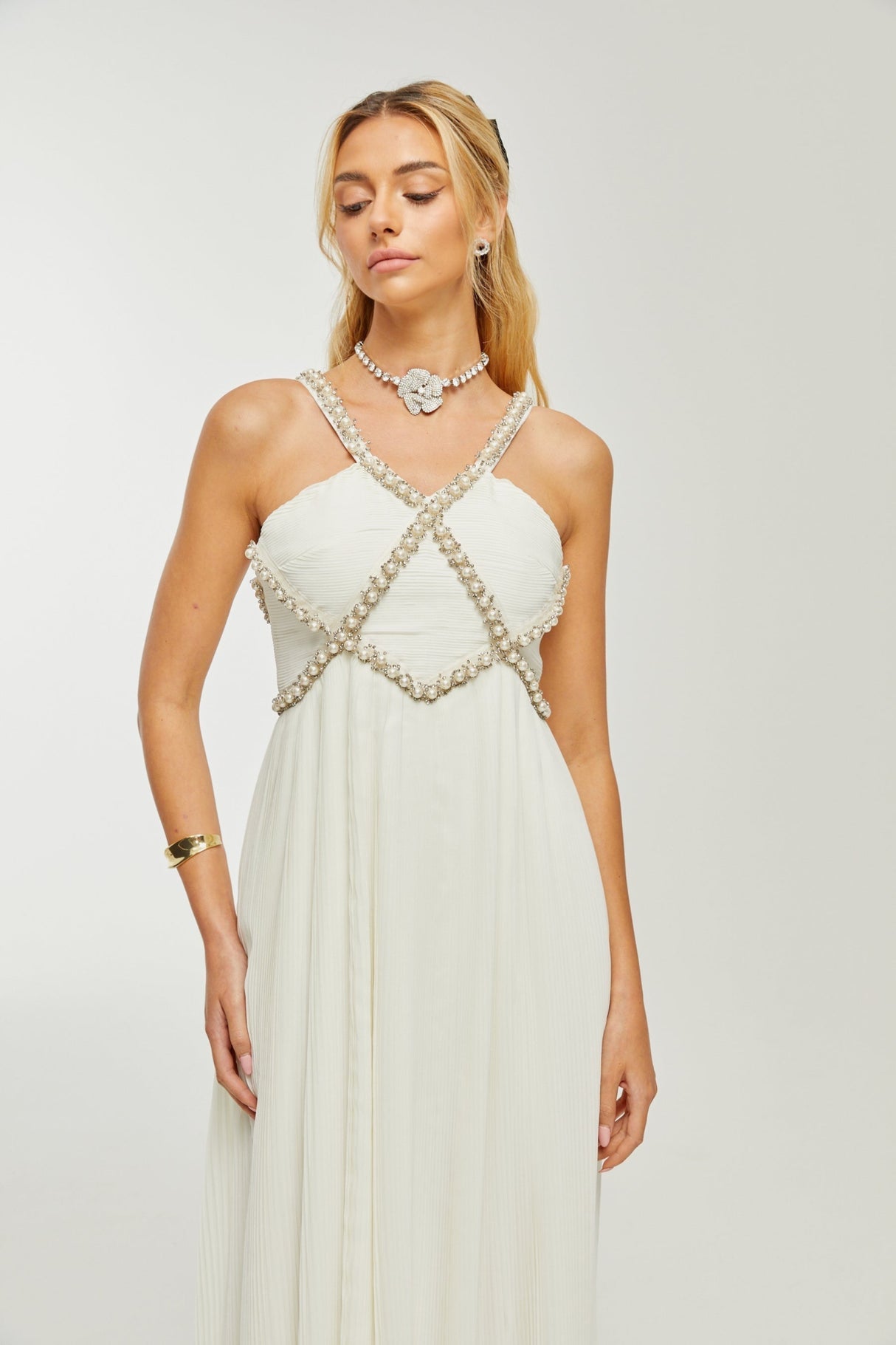 Mariah Midi Dress White Fauxpearl Crystal Embellished VNeck