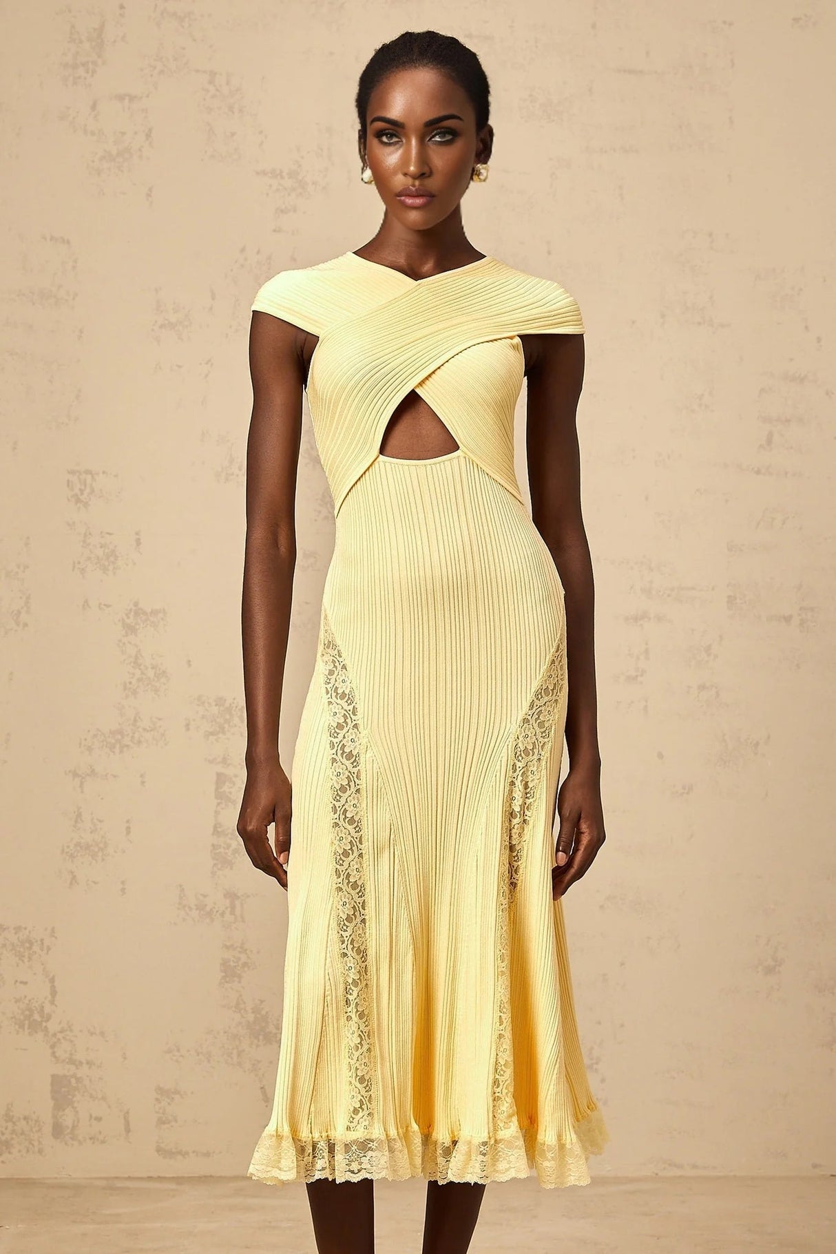 Mariah Midi Dress Yellow Lace Panel & Rib - Knit