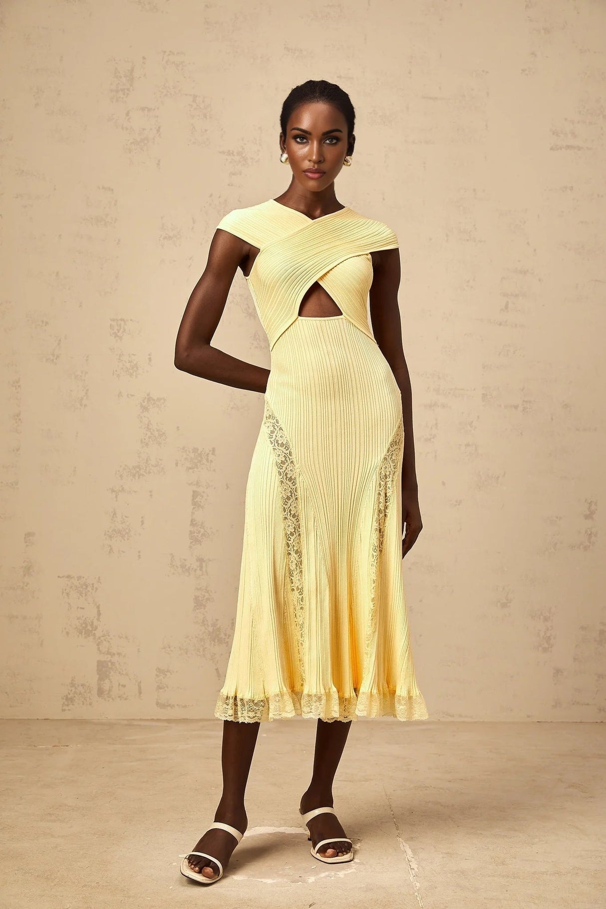 Mariah Midi Dress Yellow Lace Panel & Rib - Knit