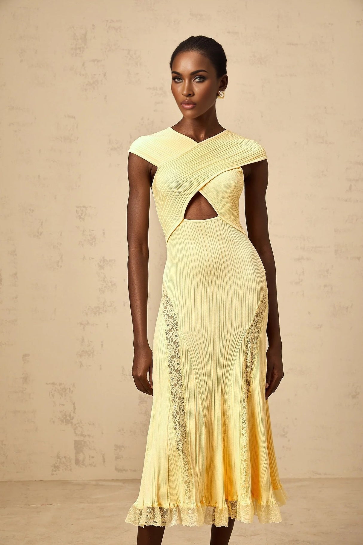 Mariah Midi Dress Yellow Lace Panel & Rib - Knit