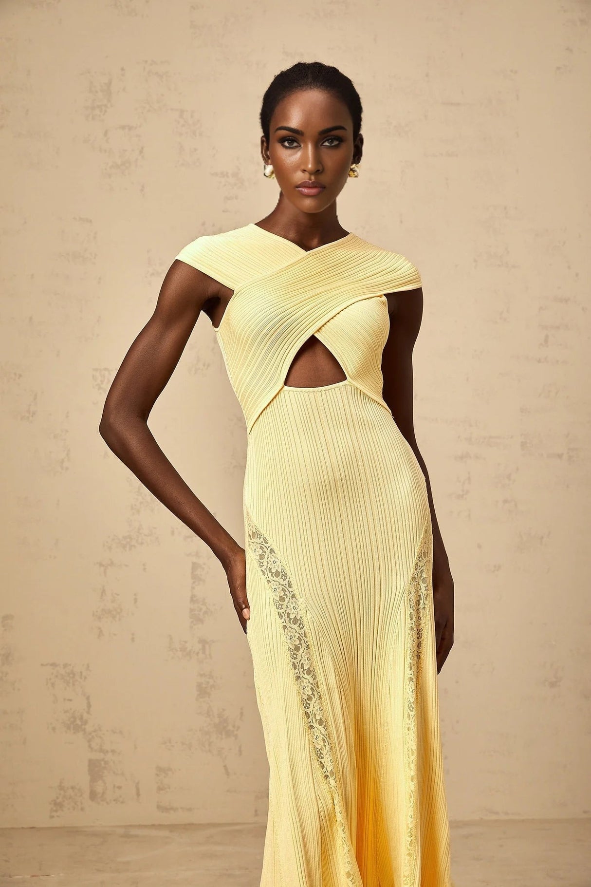 Mariah Midi Dress Yellow Lace Panel & Rib - Knit