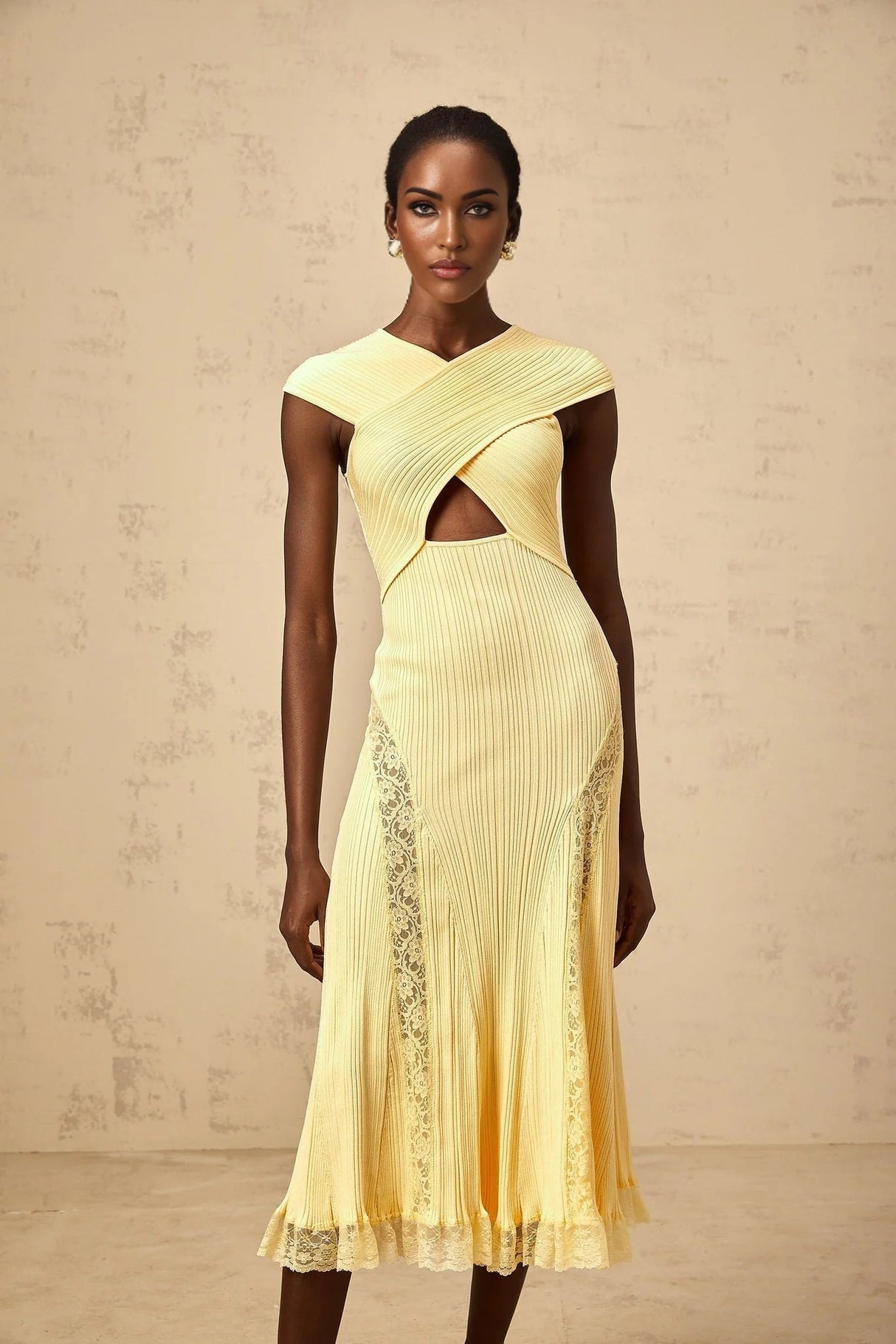 Mariah Midi Dress Yellow Lace Panel & Rib - Knit