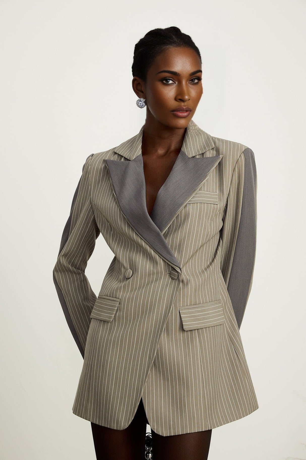 Mariangela Blazer Mariangela Panelled Pinstripe Peak Lapel Grey