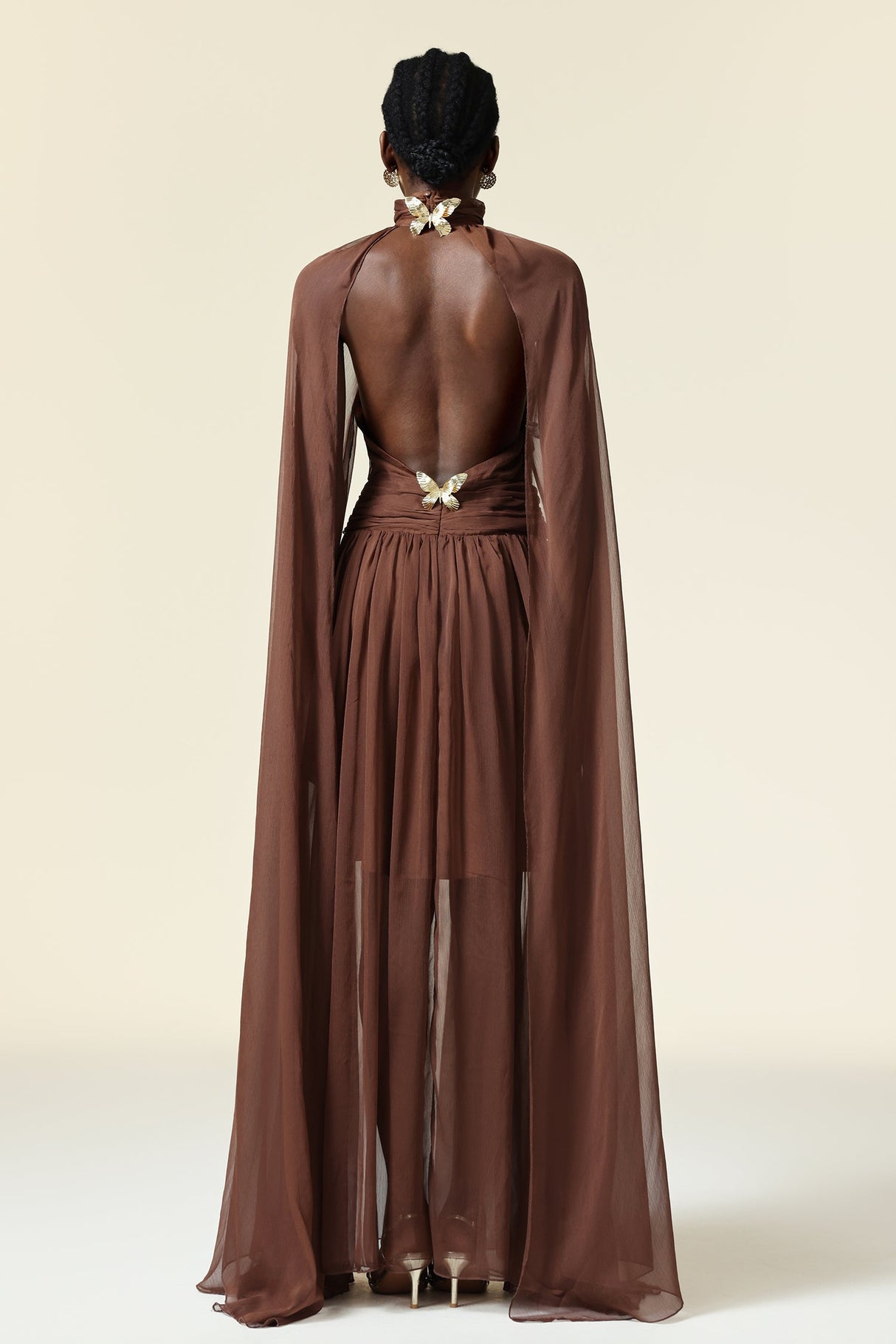 Mariangela Brown Maxi Dress with High Neckline and Intricate Bodice Detailing for Elegance and Style