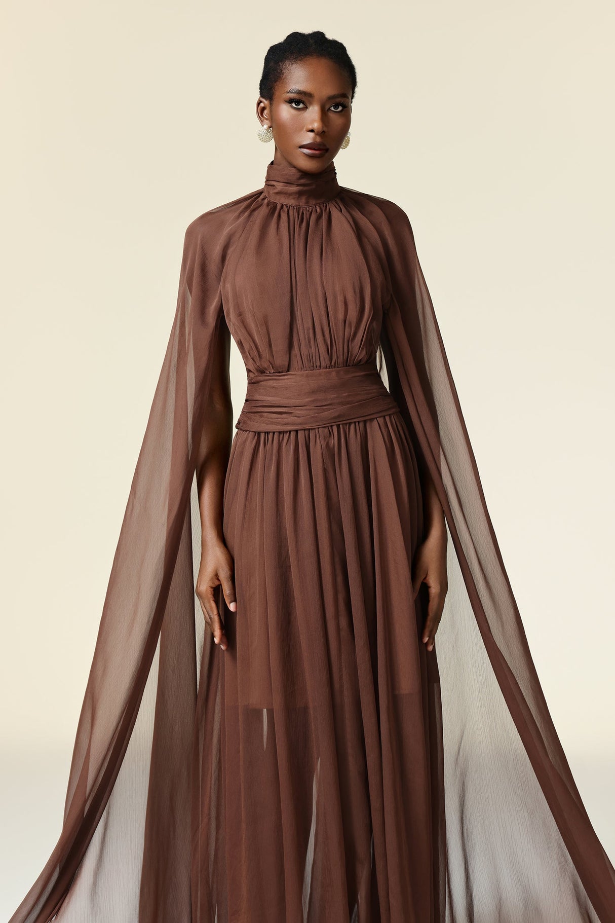 Mariangela Brown Maxi Dress Elegant High Neckline Long Sleeves
