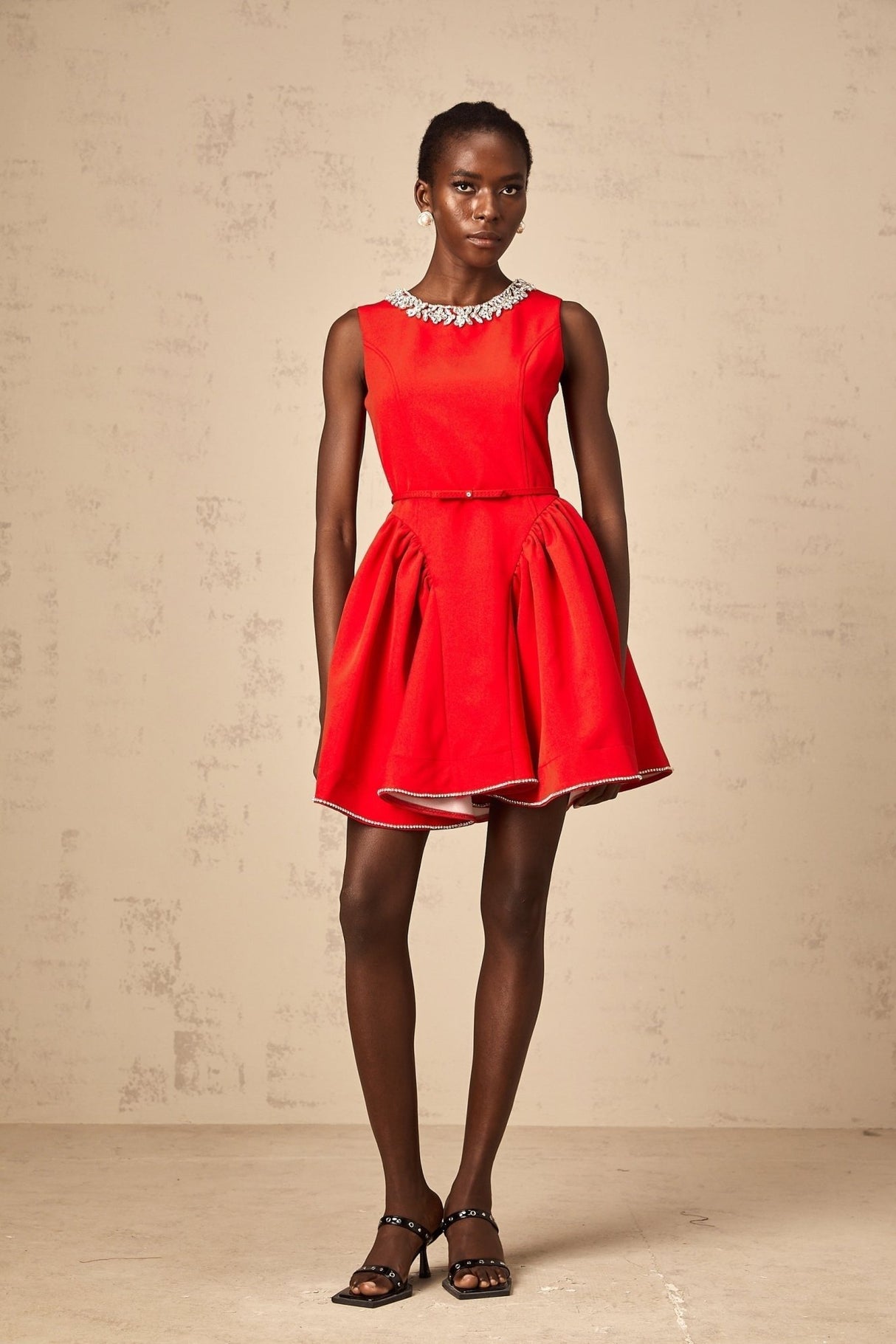 Mariangela Mini Dress Red Crystal Pleated Thigh Length