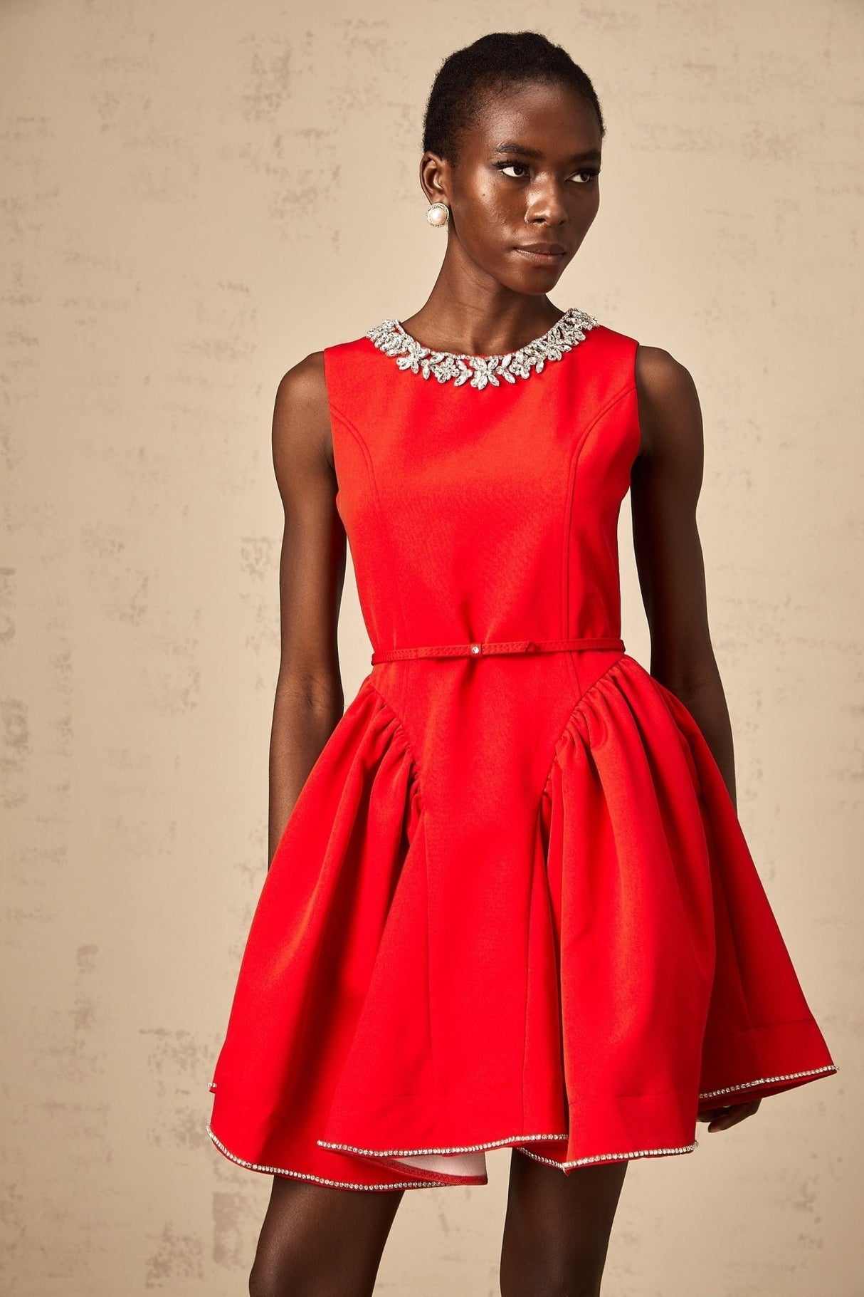 Mariangela Mini Dress Red Crystal Pleated Thigh Length