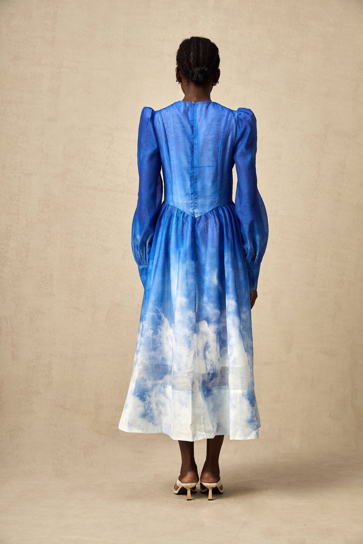 Marianna Midi Dress Blue Gradient Puff Sleeve Pleated Skirt