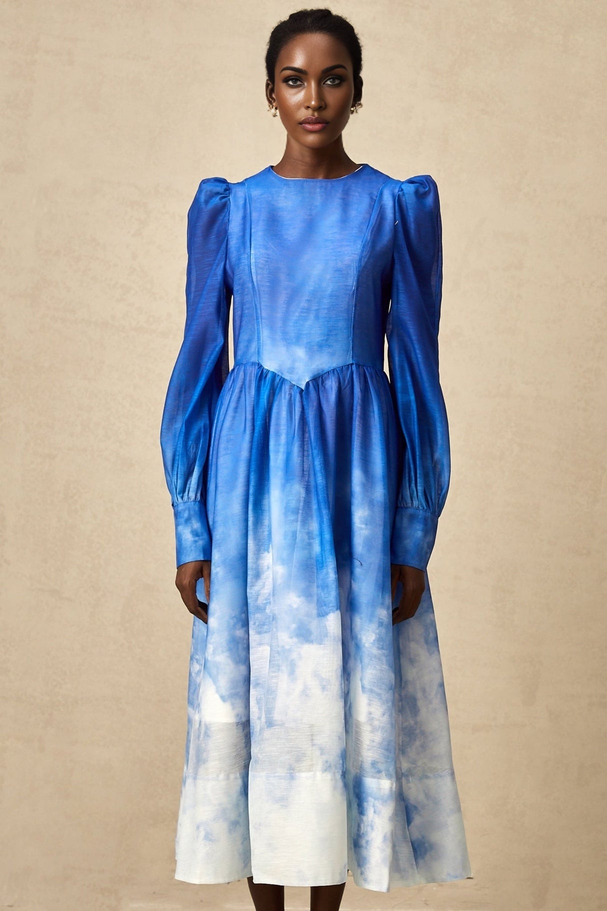 Marianna Midi Dress Blue Gradient Puff Sleeve Pleated Skirt