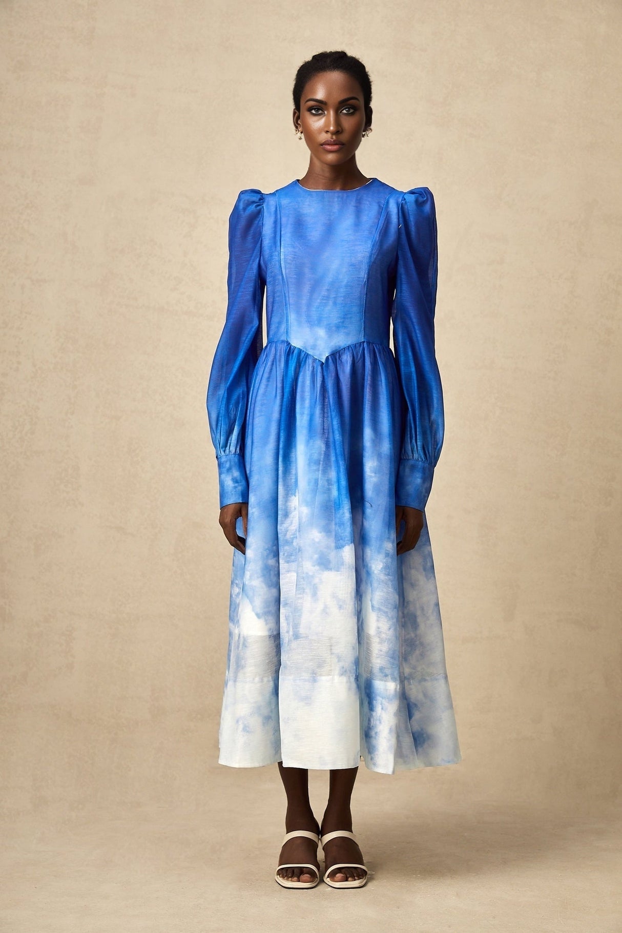 Marianna Midi Dress Blue Gradient Puff Sleeve Pleated Skirt