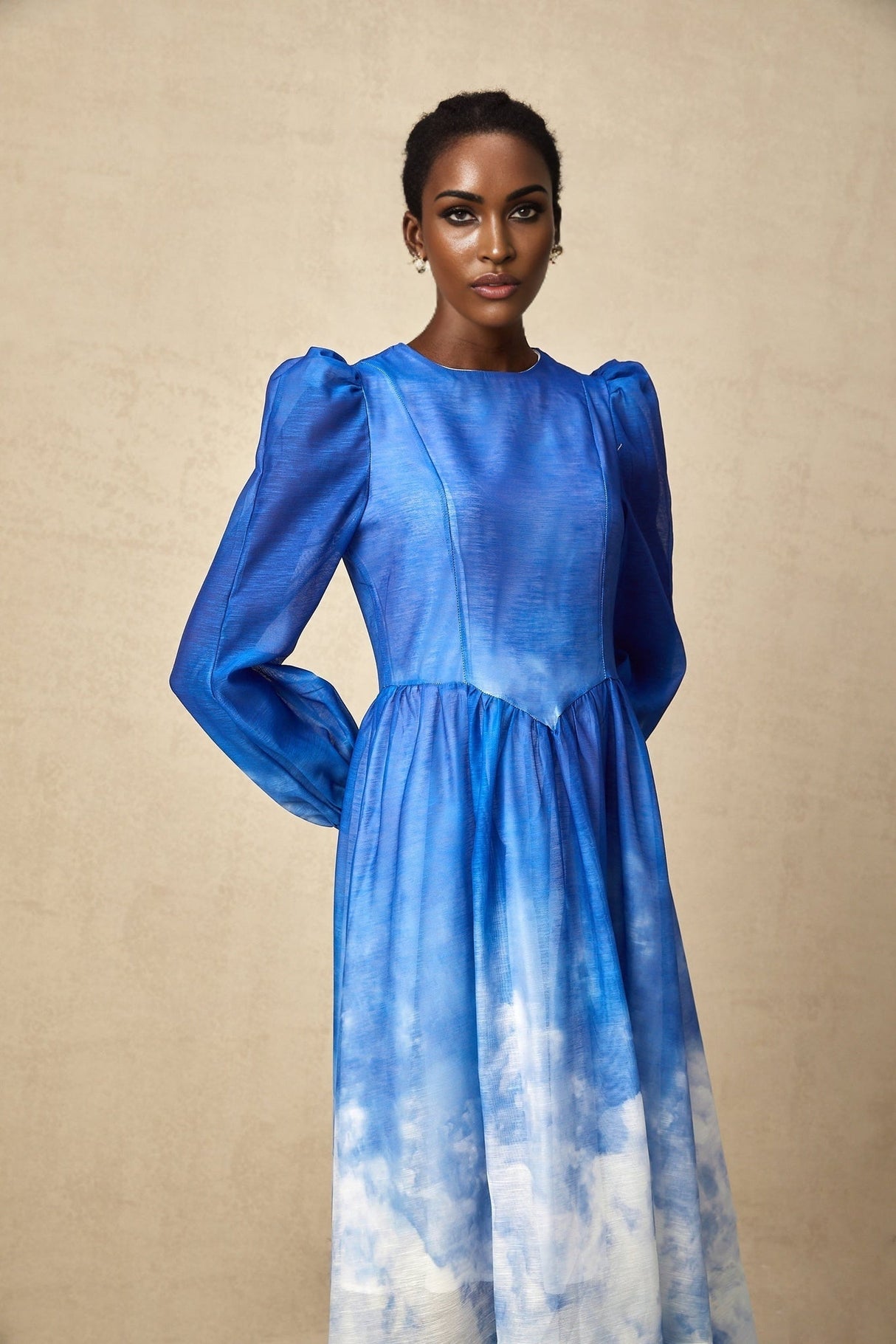Marianna Midi Dress Blue Gradient Puff Sleeve Pleated Skirt