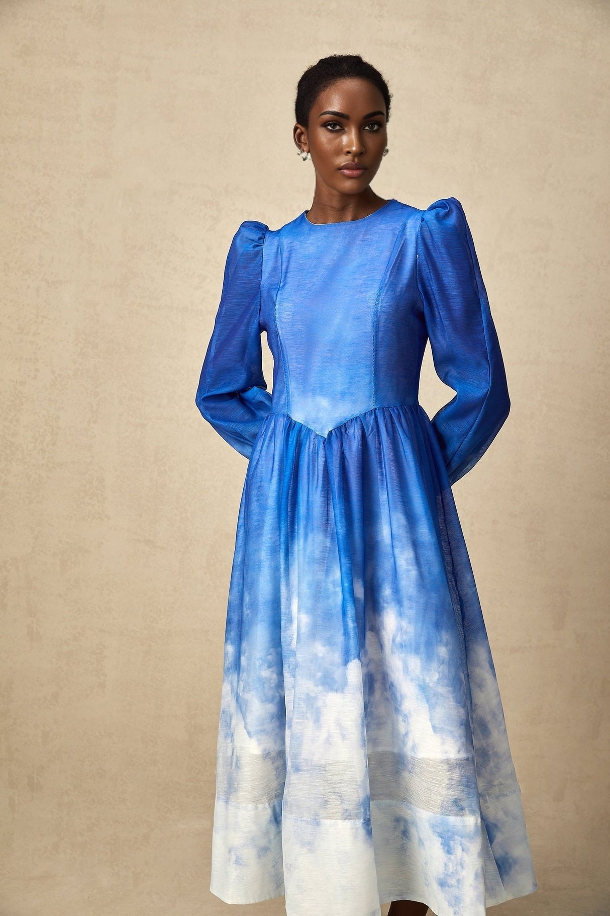 Marianna Midi Dress Blue Gradient Puff Sleeve Pleated Skirt