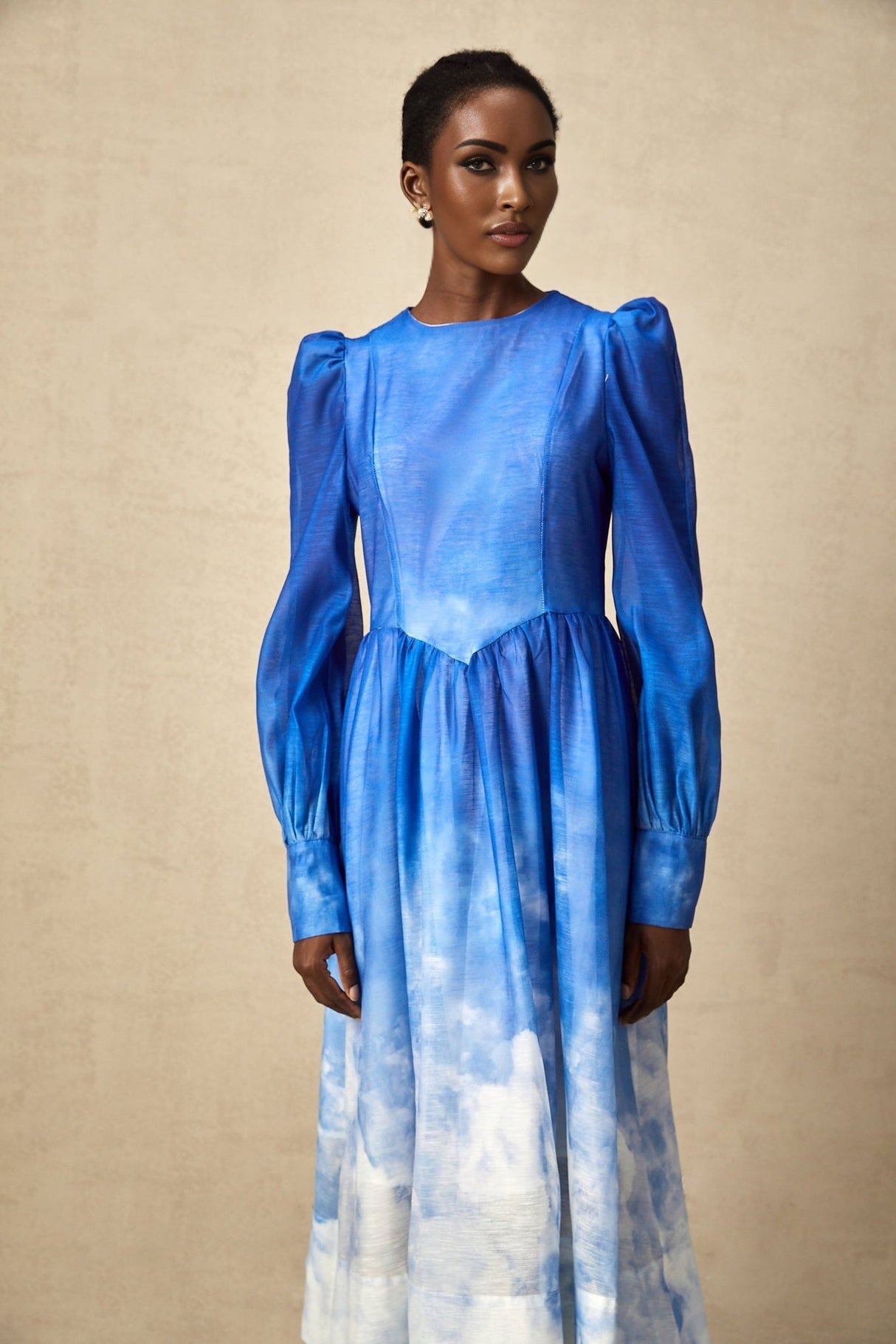 Marianna Midi Dress Blue Gradient Puff Sleeve Pleated Skirt