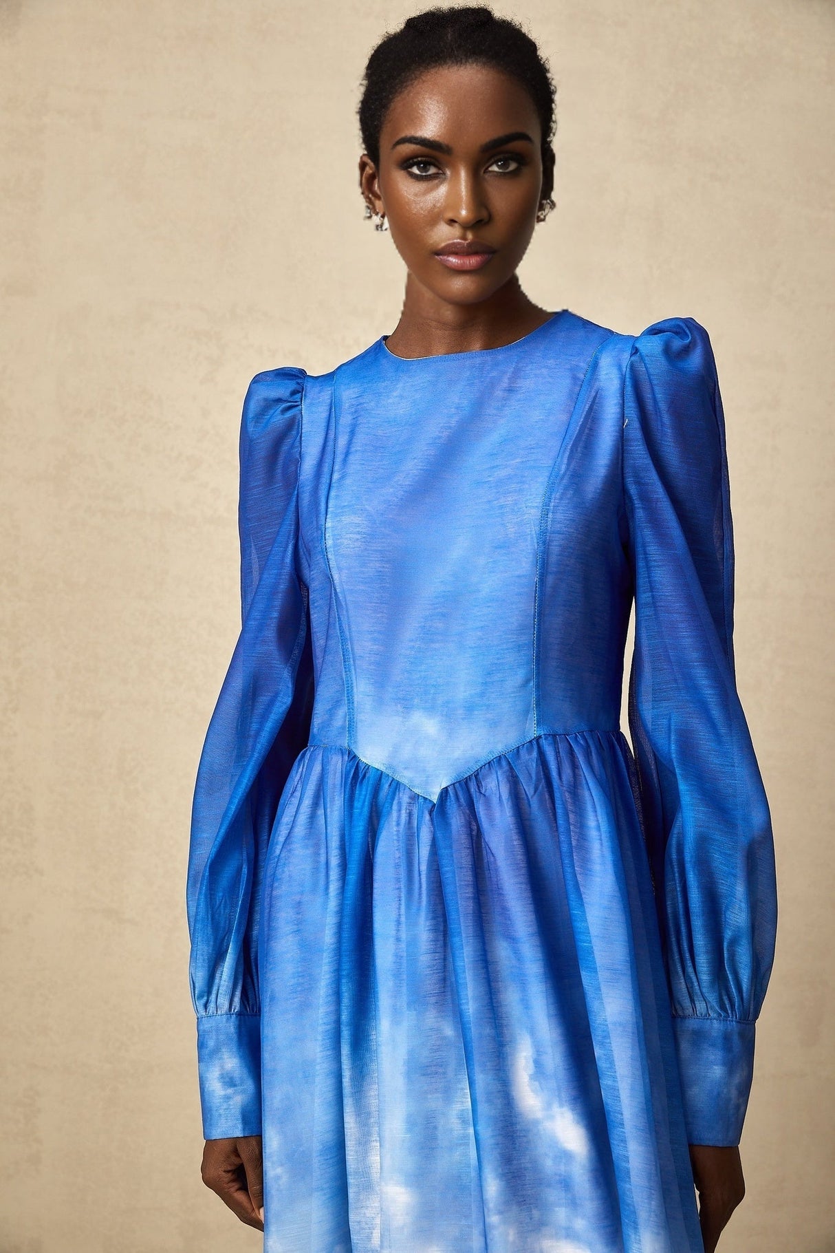 Marianna Midi Dress Blue Gradient Puff Sleeve Pleated Skirt