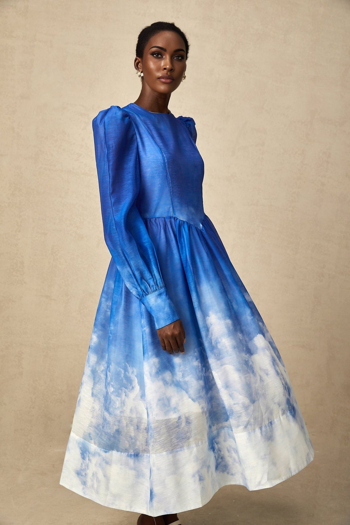 Marianna Midi Dress Blue Gradient Puff Sleeve Pleated Skirt