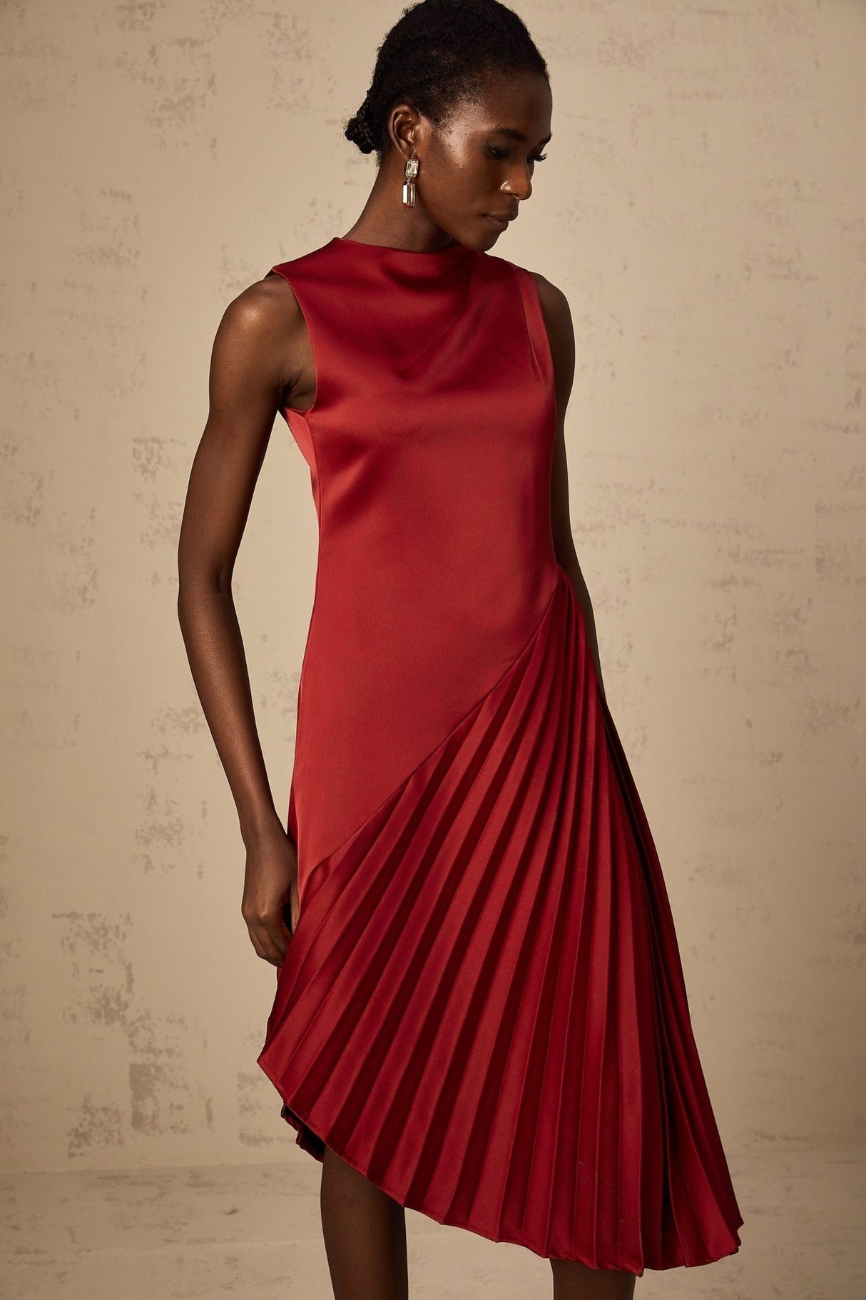 Marianna Midi Dress Wine Red Asymmetric Pleated