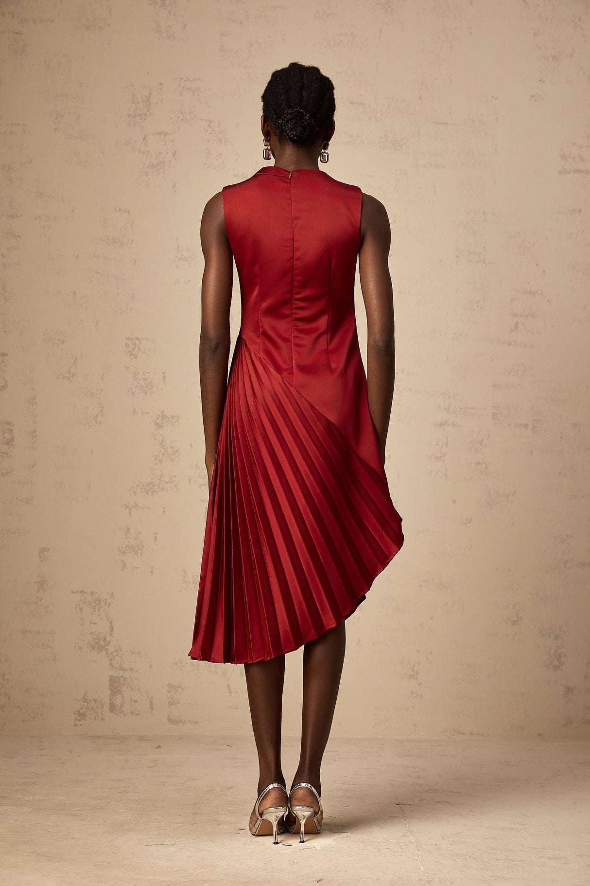 Marianna Midi Dress Wine Red Asymmetric Pleated