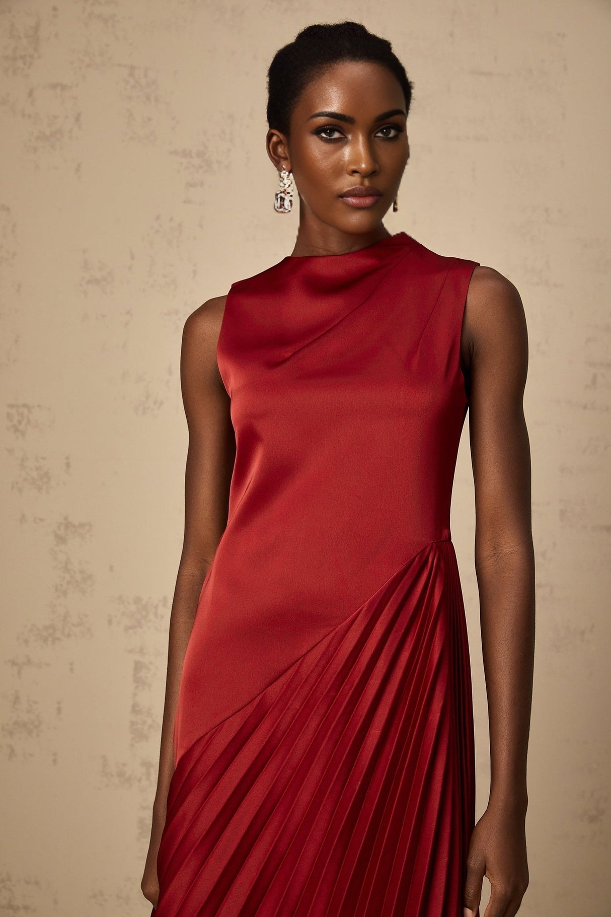 Marianna Midi Dress Wine Red Asymmetric Pleated