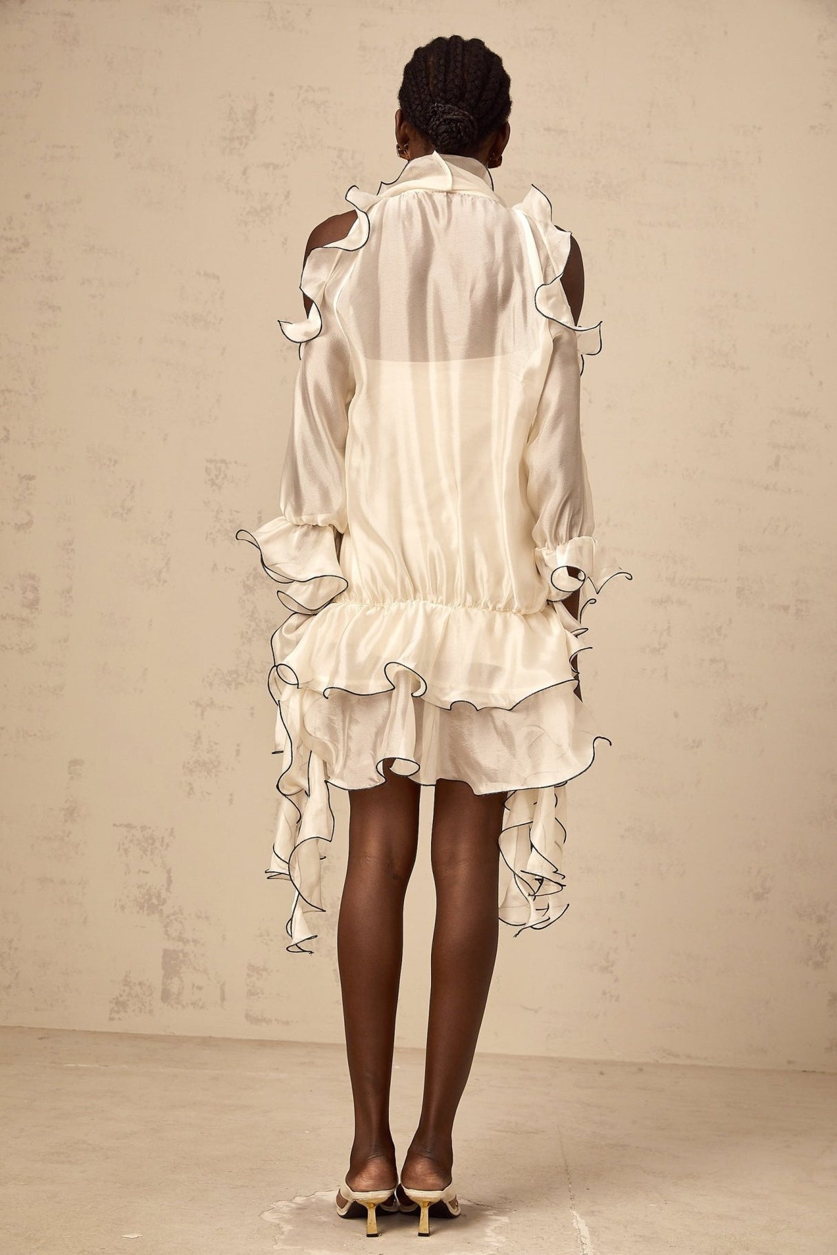 Marianna Mini Dress Marianna Flounce Cold Shoulder Ribbon VNeck