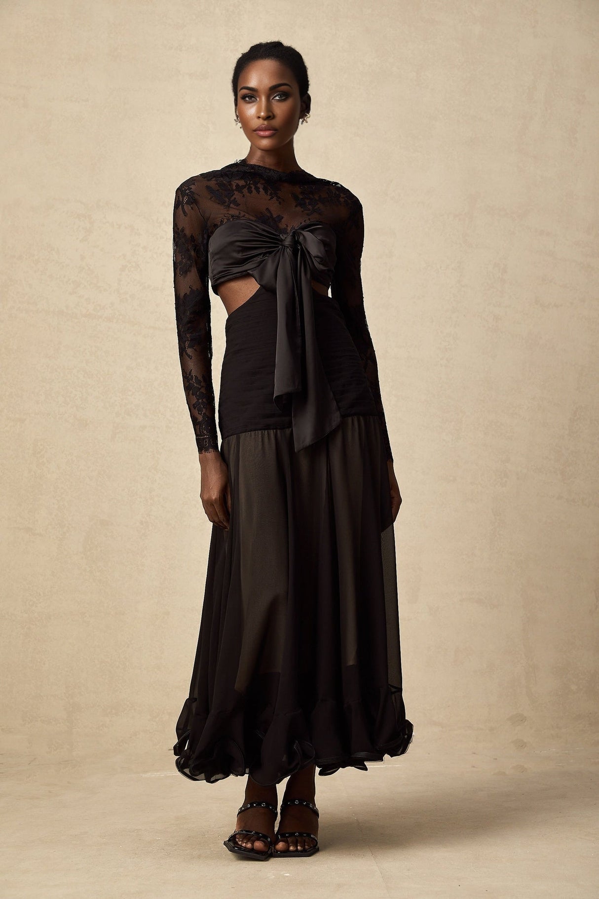 Mariarosa Black Floral Lace Maxi Dress with Oversized Bow