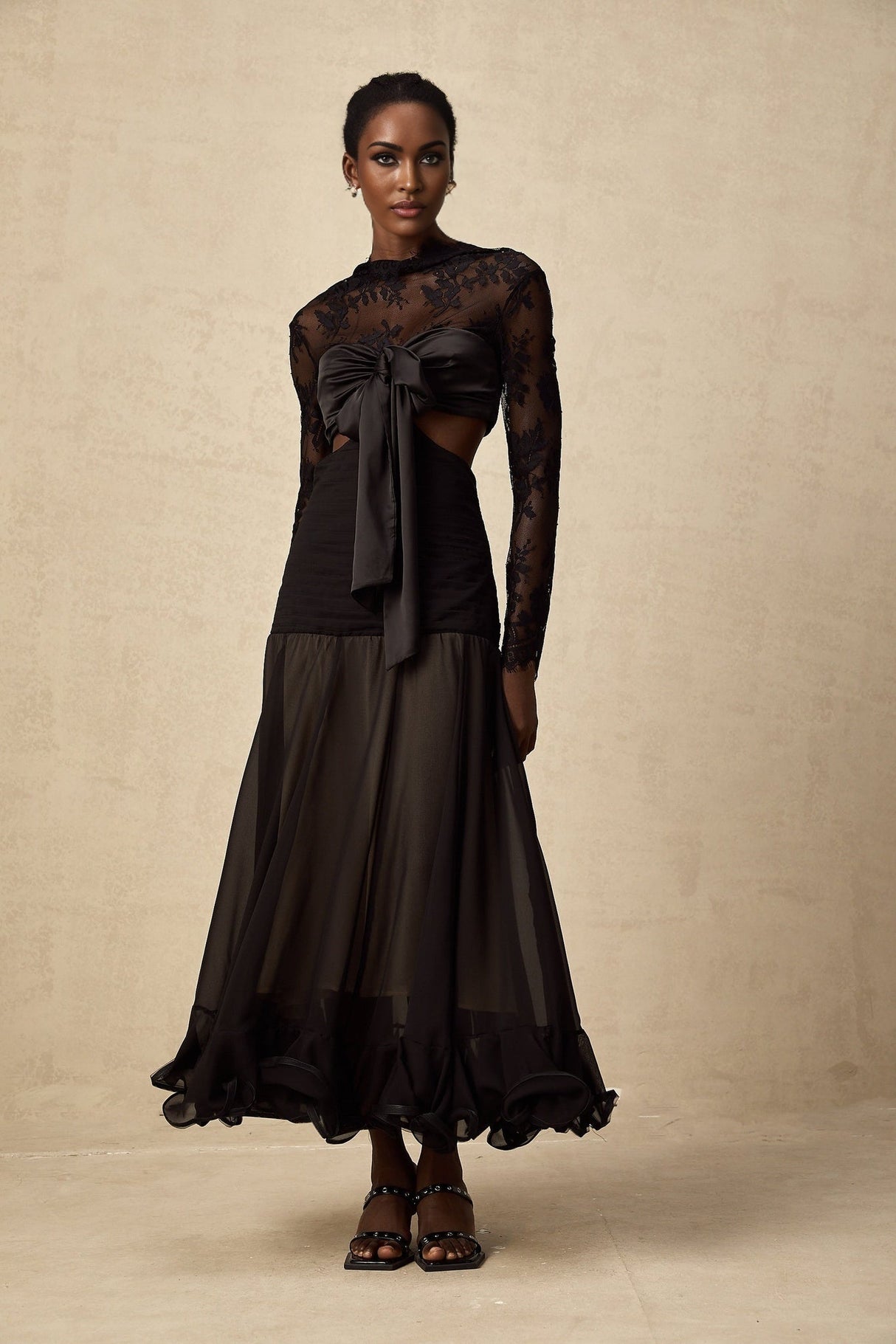 Mariarosa Black Floral Lace Maxi Dress with Oversized Bow