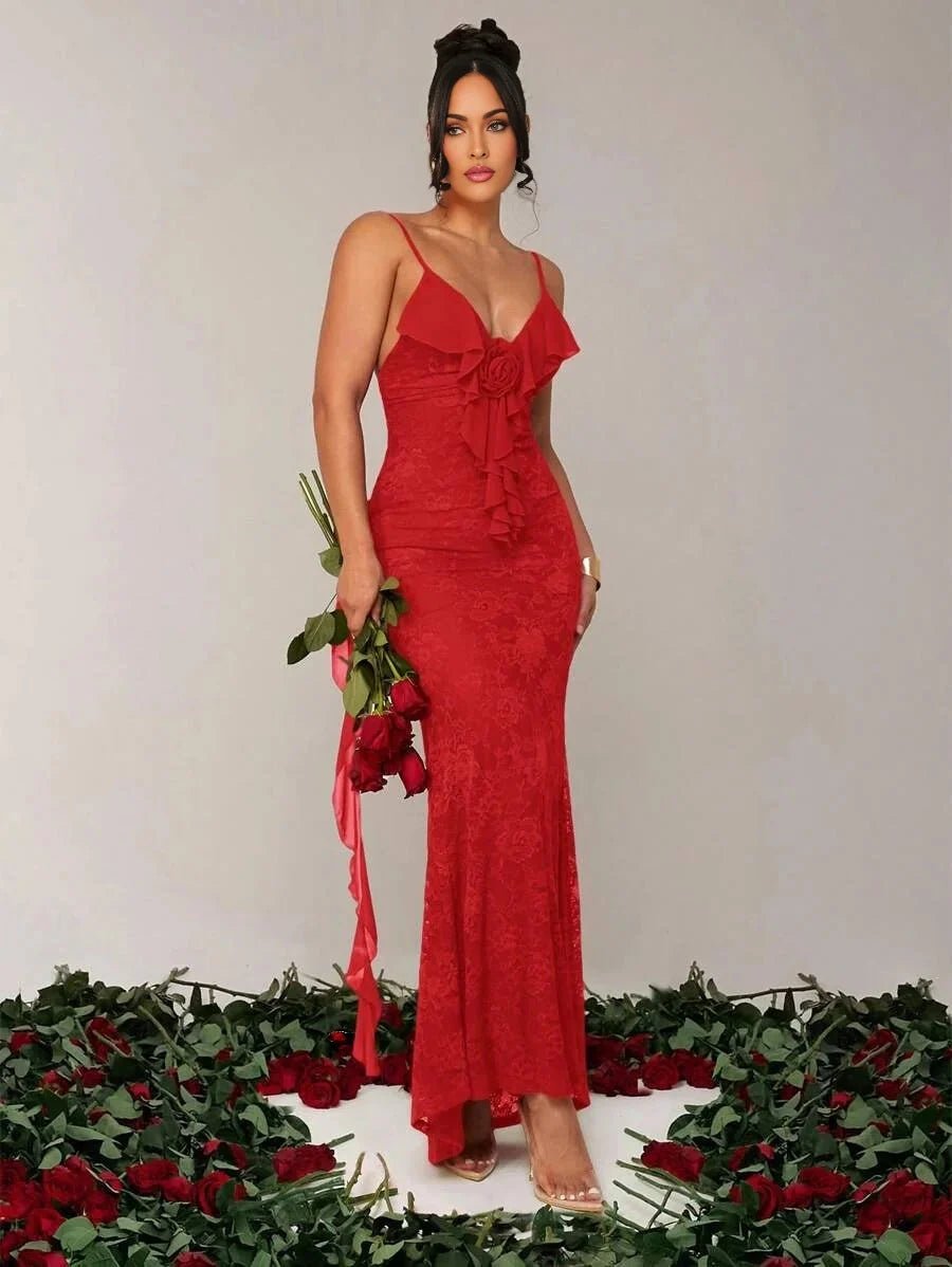 Mariarosa Maxi Dress - Formal & Evening Occasion - Refined Style - Sleeveless Length - Slim Fit - Lace Material - Neckline Spaghetti Strap