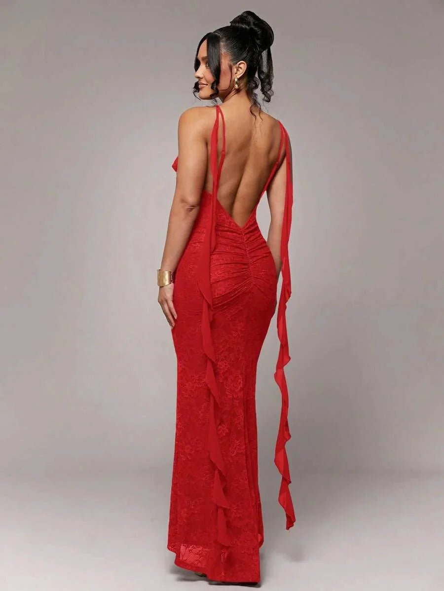 Mariarosa Maxi Dress - Formal & Evening Occasion - Refined Style - Sleeveless Length - Slim Fit - Lace Material - Neckline Spaghetti Strap