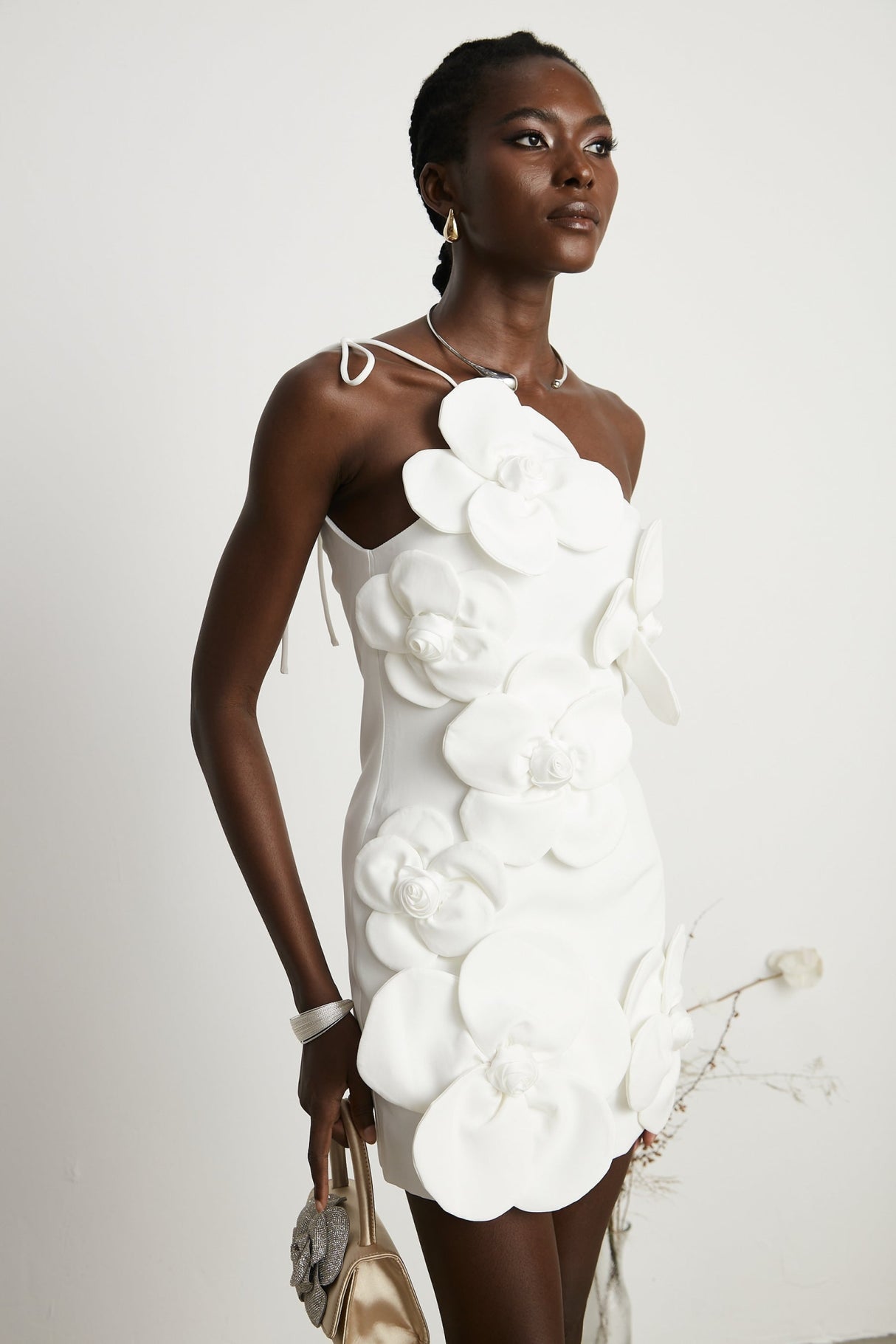 Mariarosa Mini Dress Mariarosa White Faux Flower Tie Side Zip