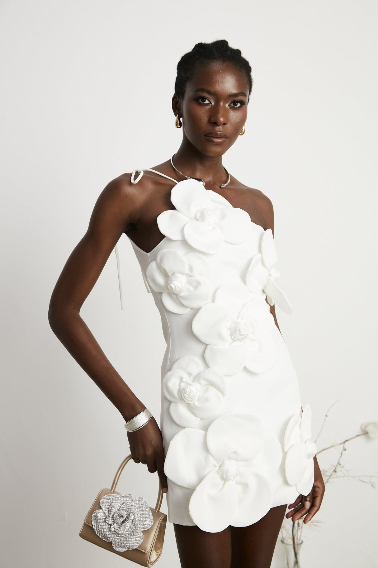 Mariarosa Mini Dress Mariarosa White Faux Flower Tie Side Zip